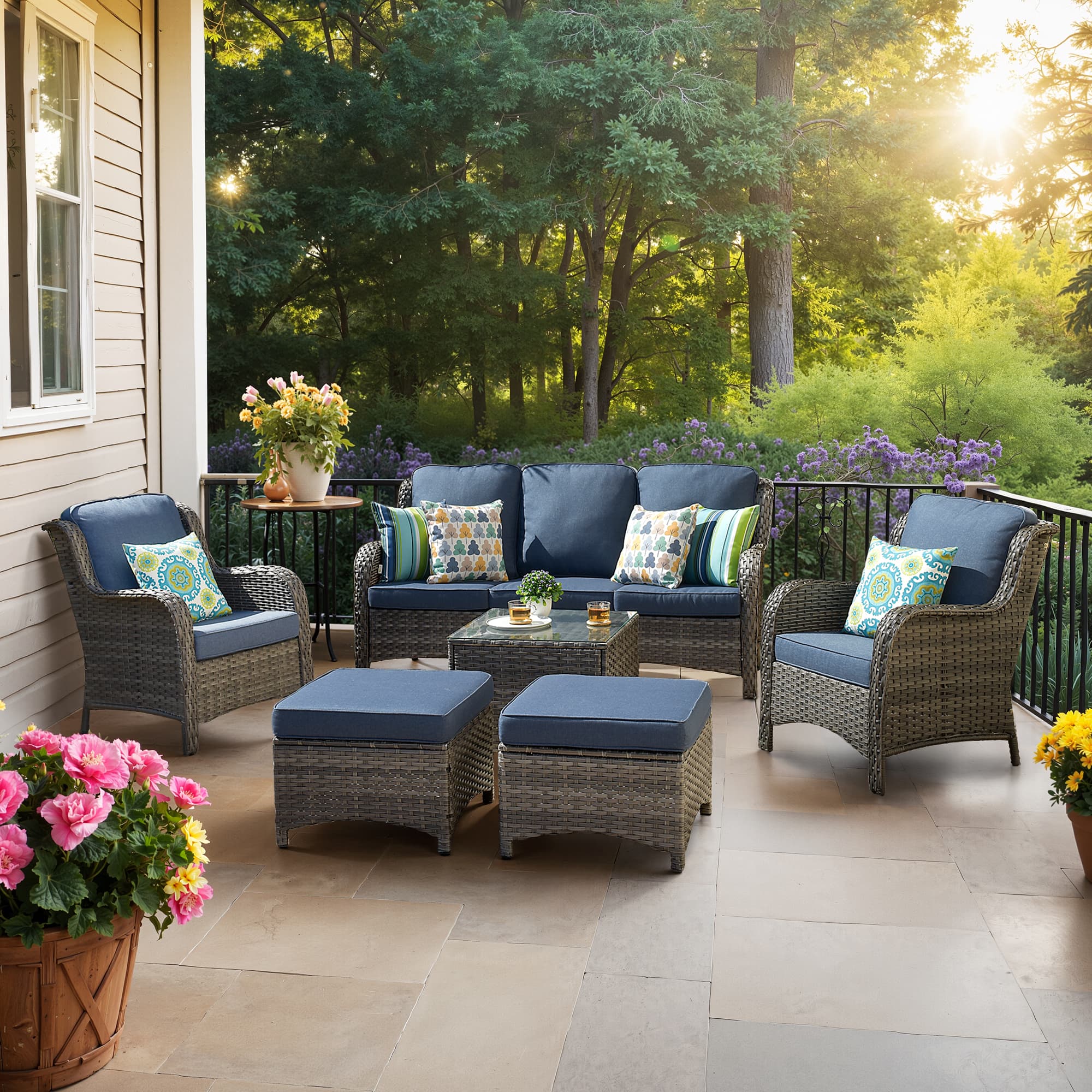 Ovios Patio Furniture Set 7-Piece With Cushions Kenard Curved Handrest