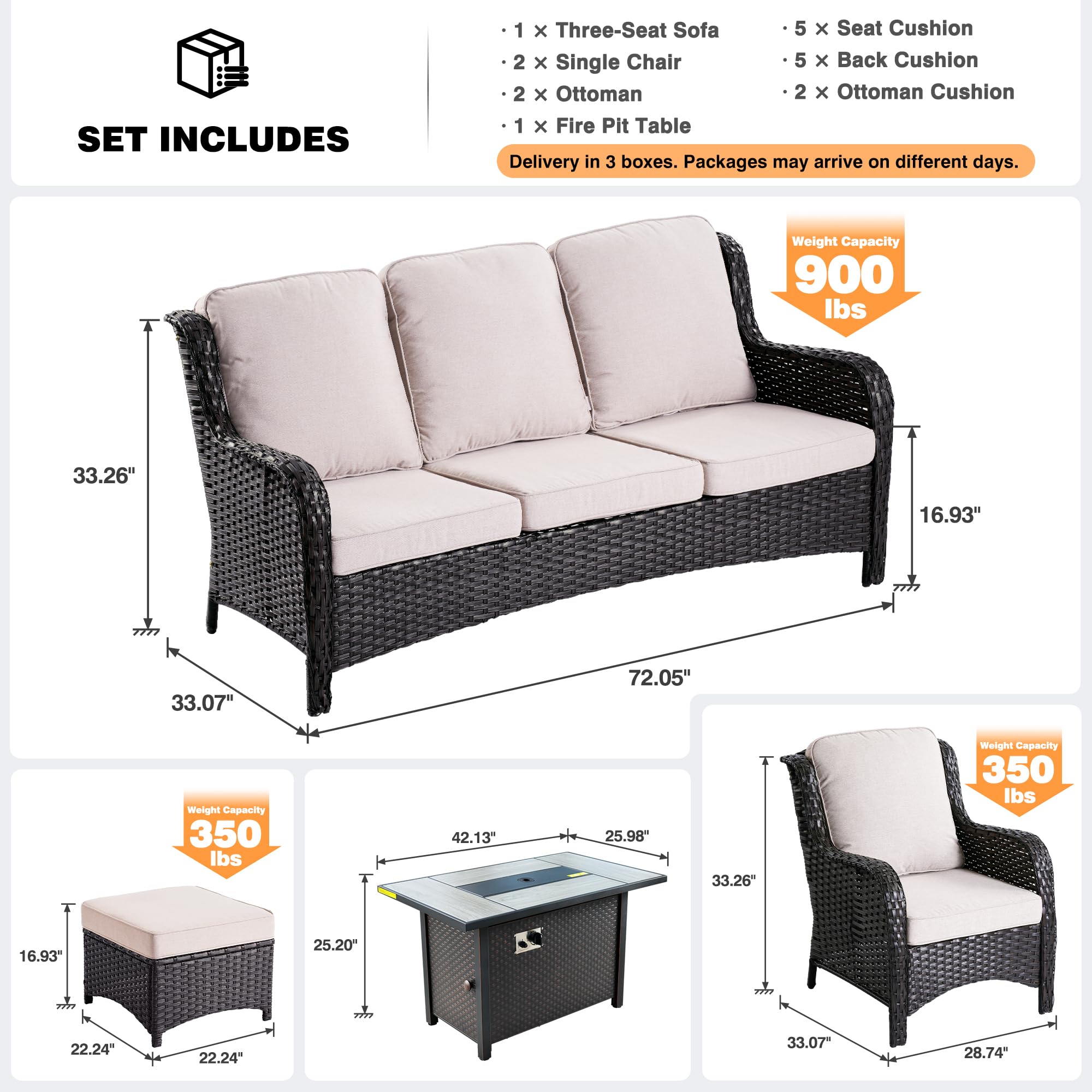 Ovios 6 Pieces Patio Furniture Set with 42" Firepit Table, Outdoor Wicker Sofa with Ottomans