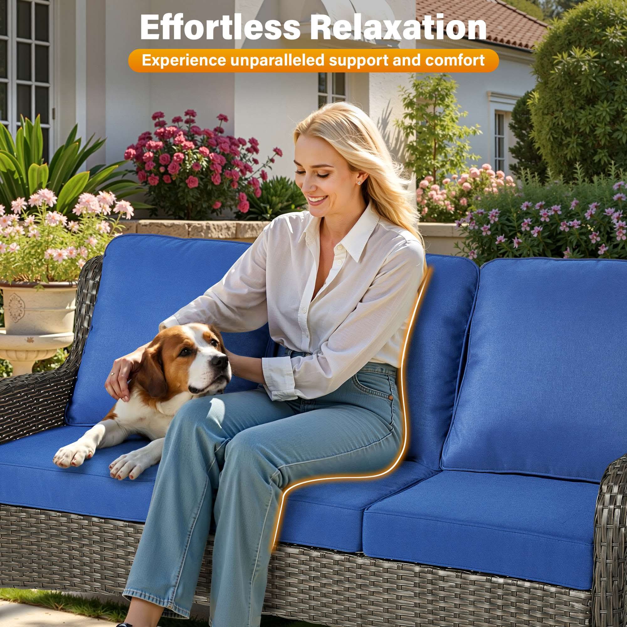 OVIOS wicker patio fire pit set seating with blue cushions, woman relaxing.