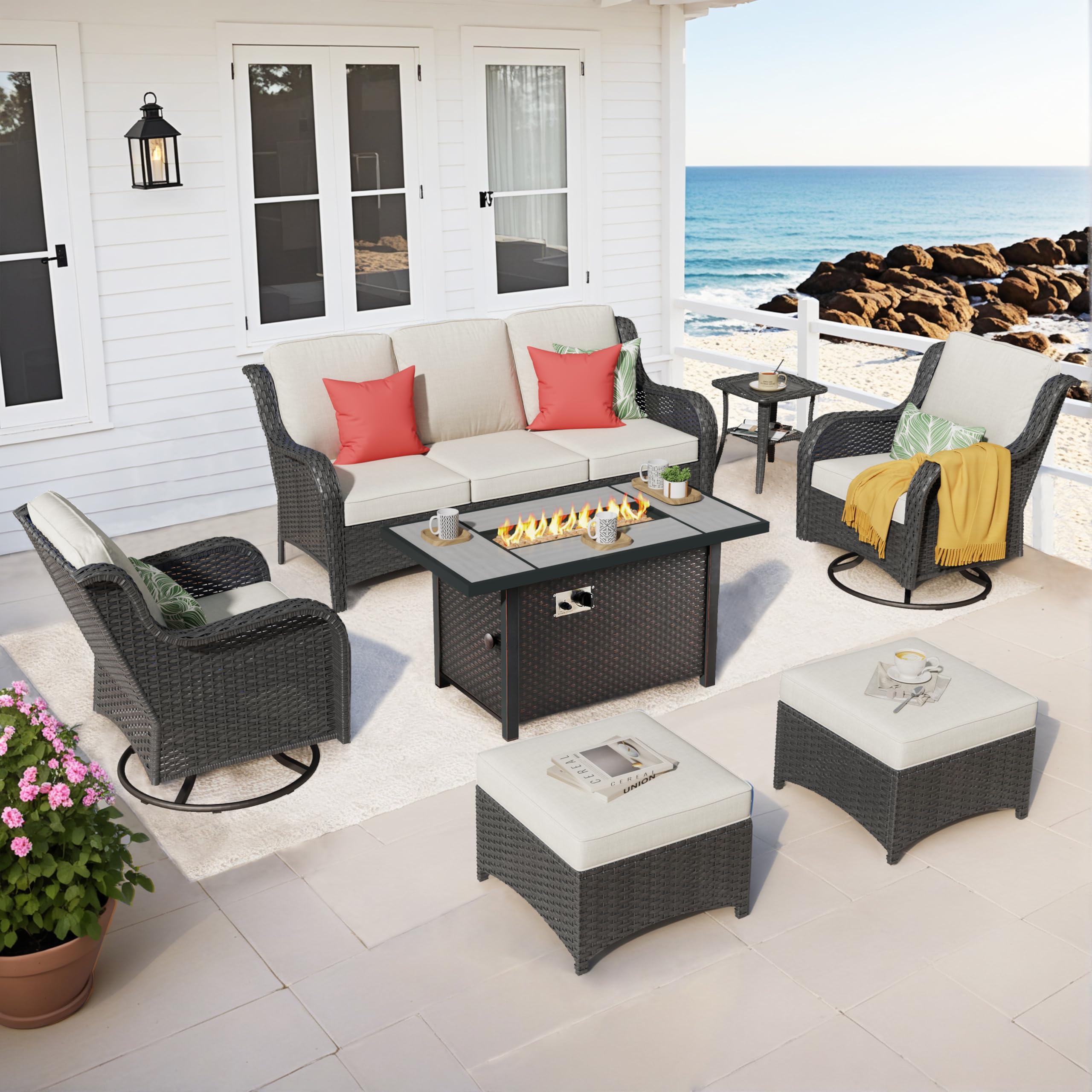 OVIOS Outdoor Furniture 7-Piece with 42'' Fire Pit Table and Kenard 2 Rocking Chairs