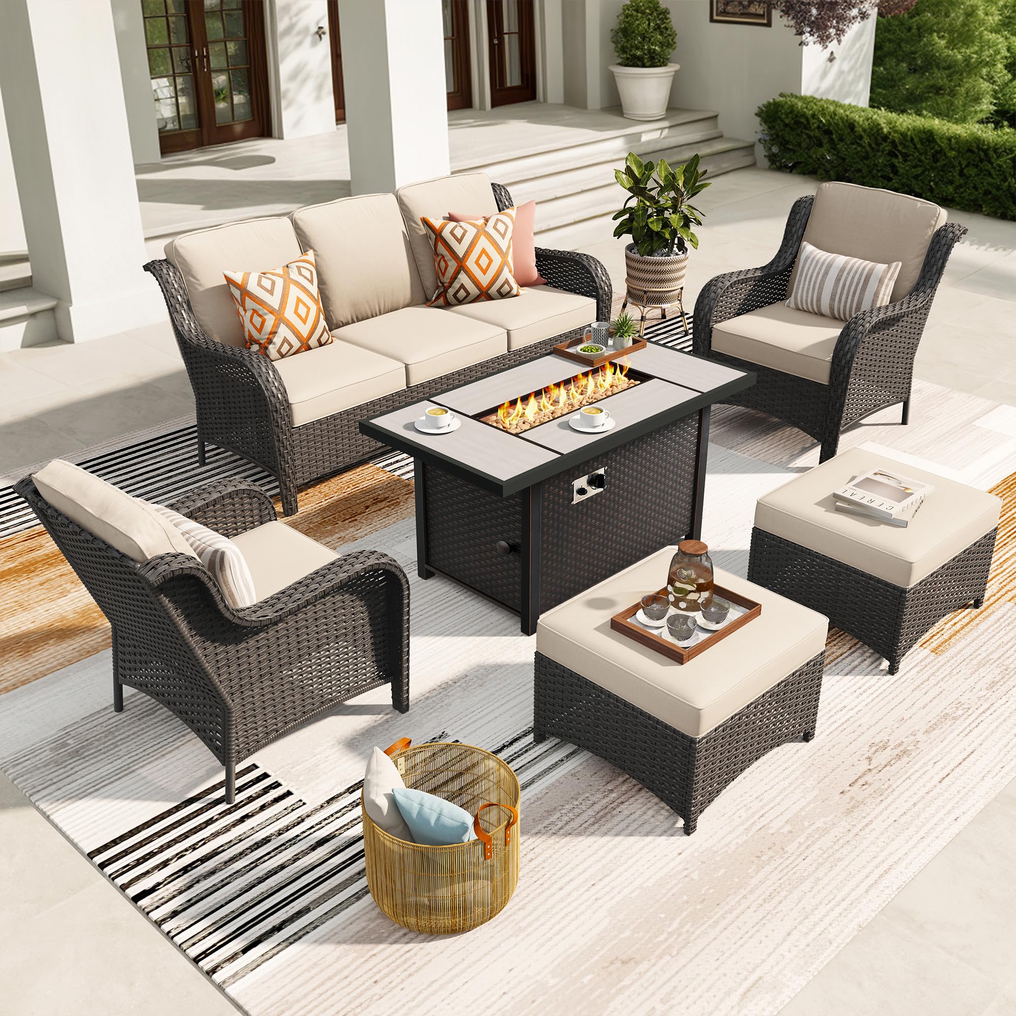 Ovios 6 Pieces Patio Furniture Set with 42" Firepit Table, Outdoor Wicker Sofa with Ottomans