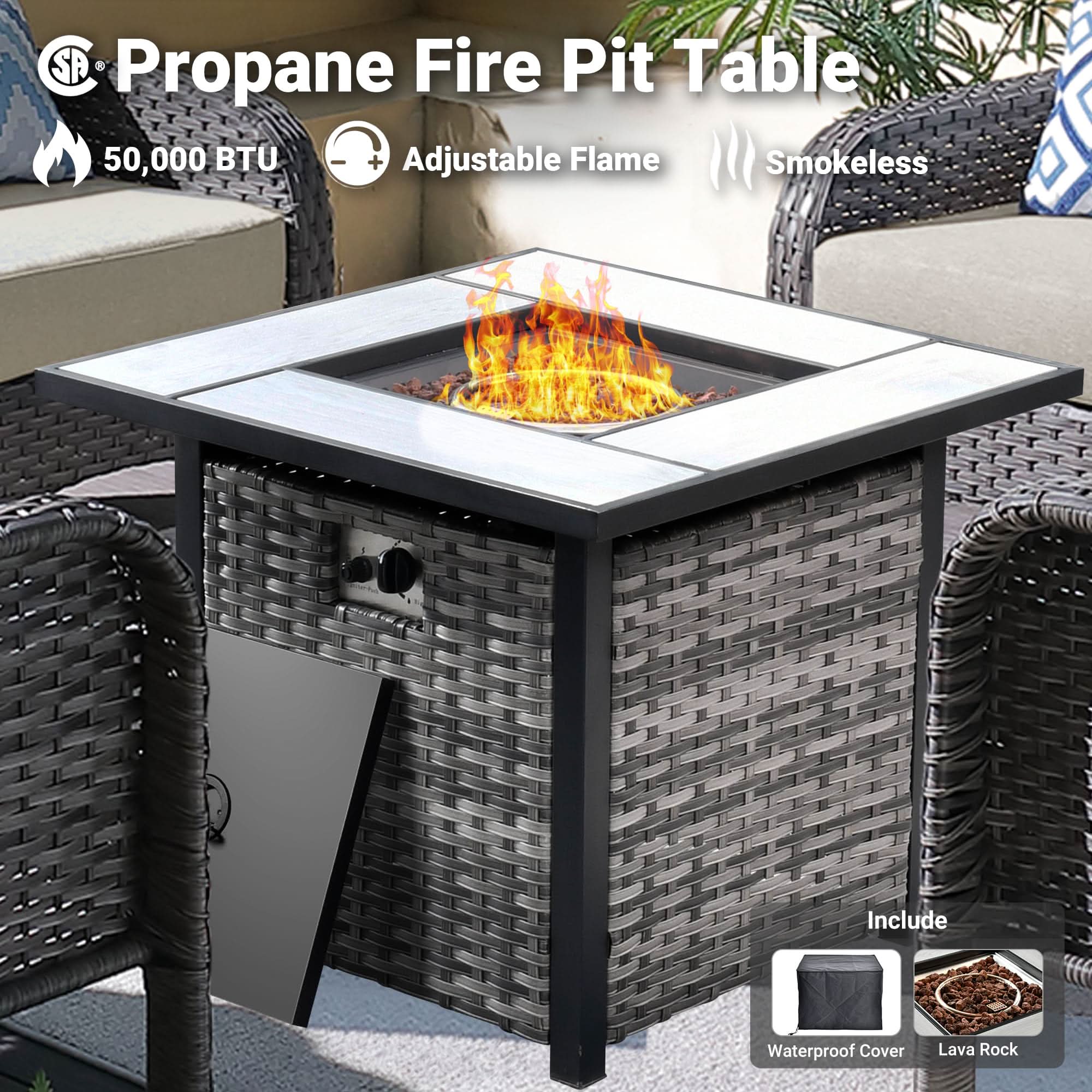 OVIOS grey wicker propane fire pit table with adjustable flame, 50,000 BTU, smokeless, and accessories.