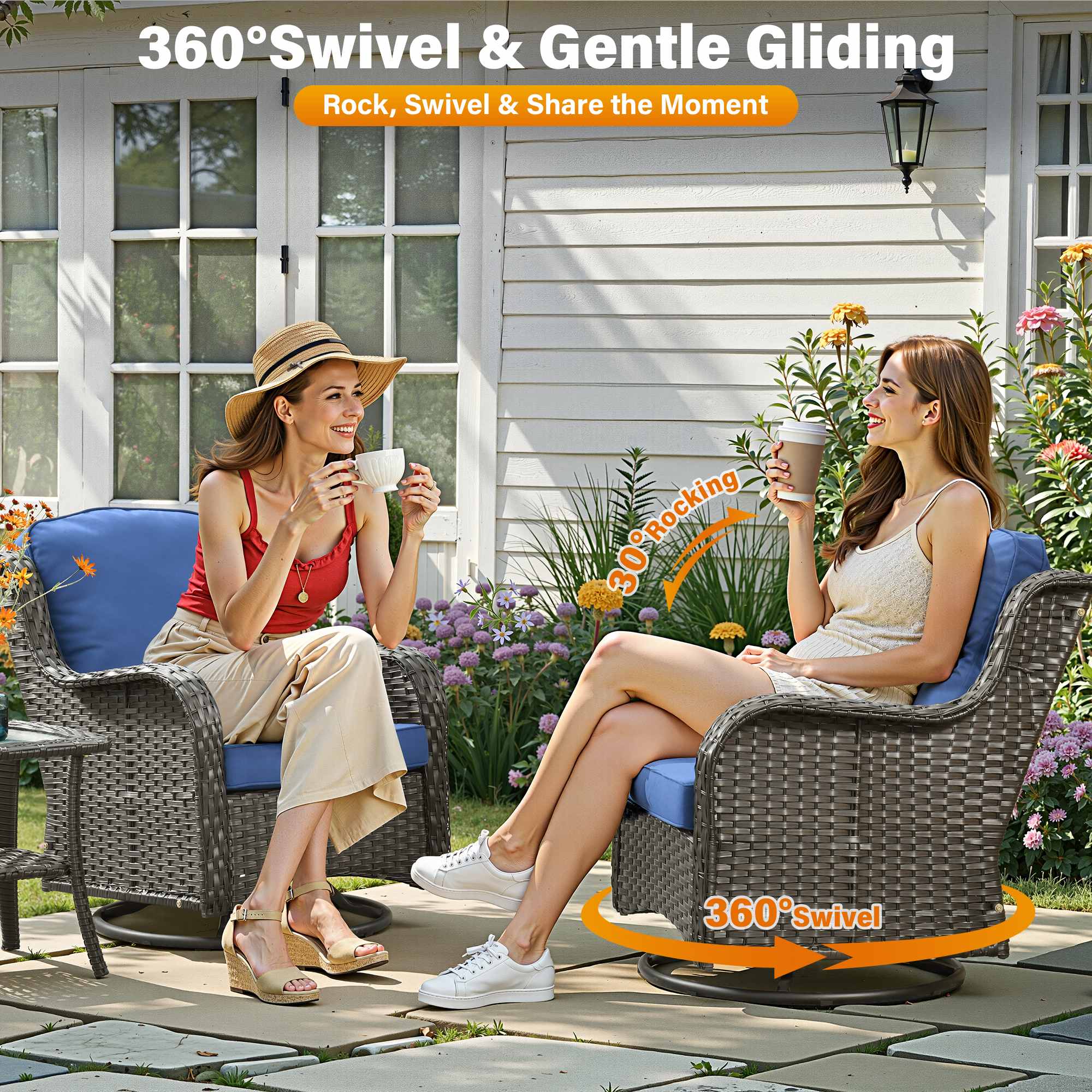 OVIOS wicker patio conversation set with 360° swivel chairs, blue cushions, and rocking motion.