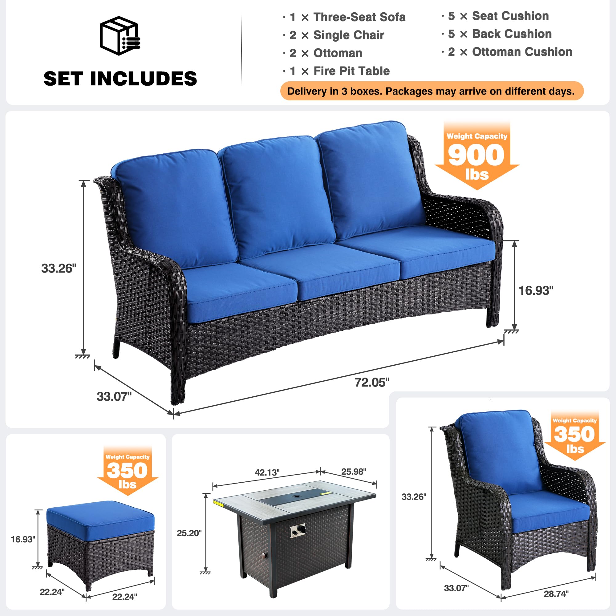 Ovios 6 Pieces Patio Furniture Set with 42" Firepit Table, Outdoor Wicker Sofa with Ottomans