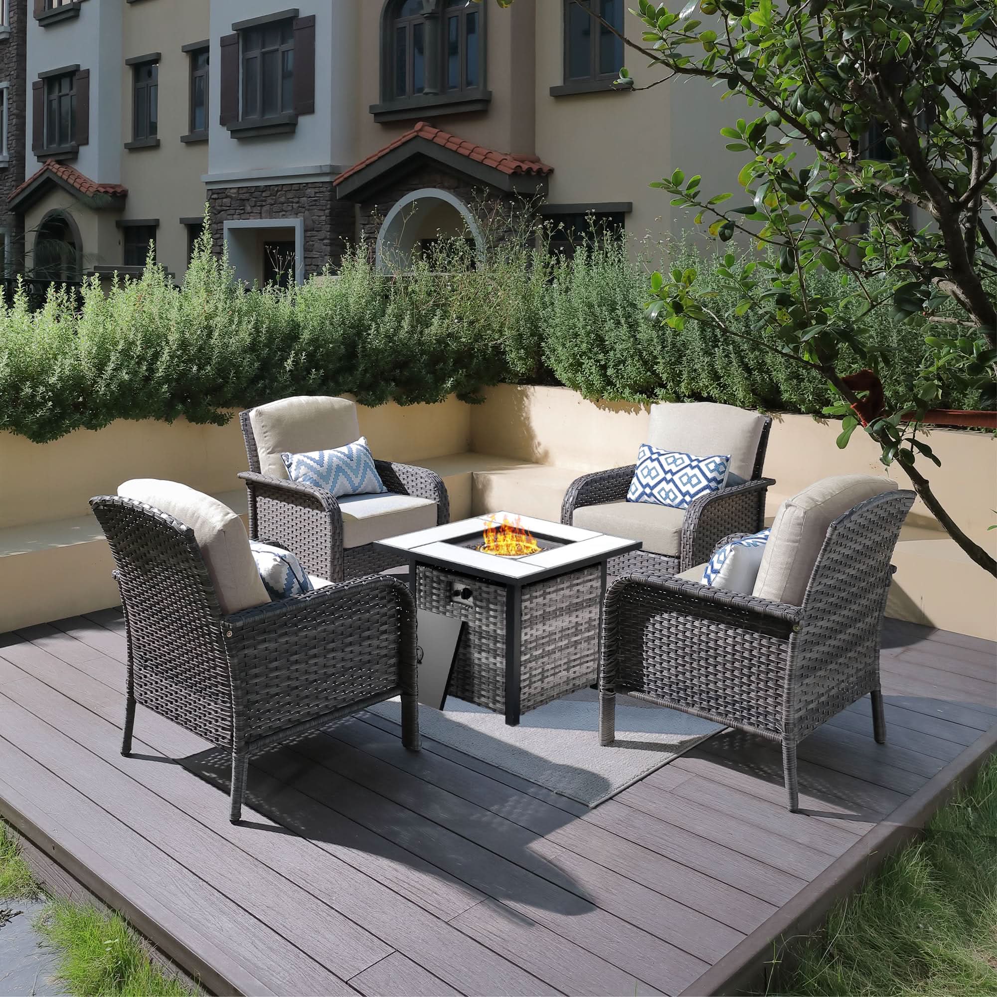 OVIOS 5-Piece Patio Set with Fire Pit Table, Grey Wicker Chairs & Cushions, outdoor furniture