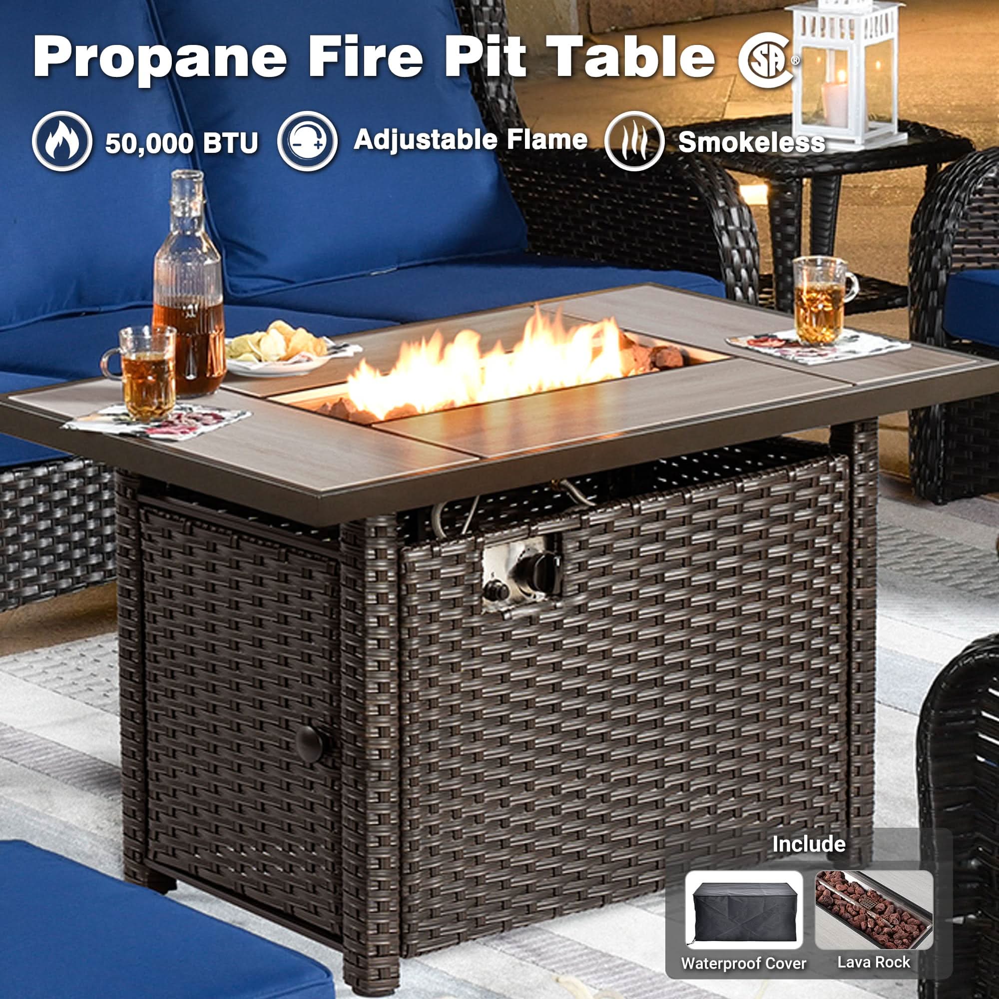 OVIOS Propane Fire Pit Table with adjustable flame, wicker base, porcelain top, and includes cover & lava rock