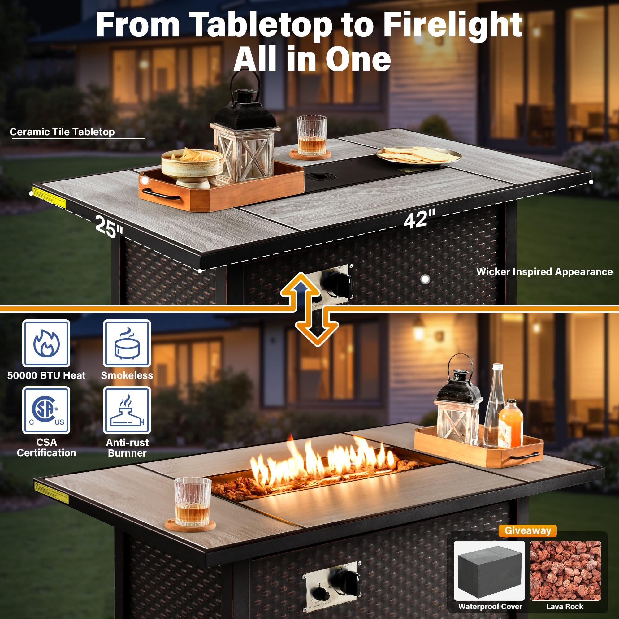 OVIOS Outdoor Wicker Patio Furniture Set with Fire Pit Table