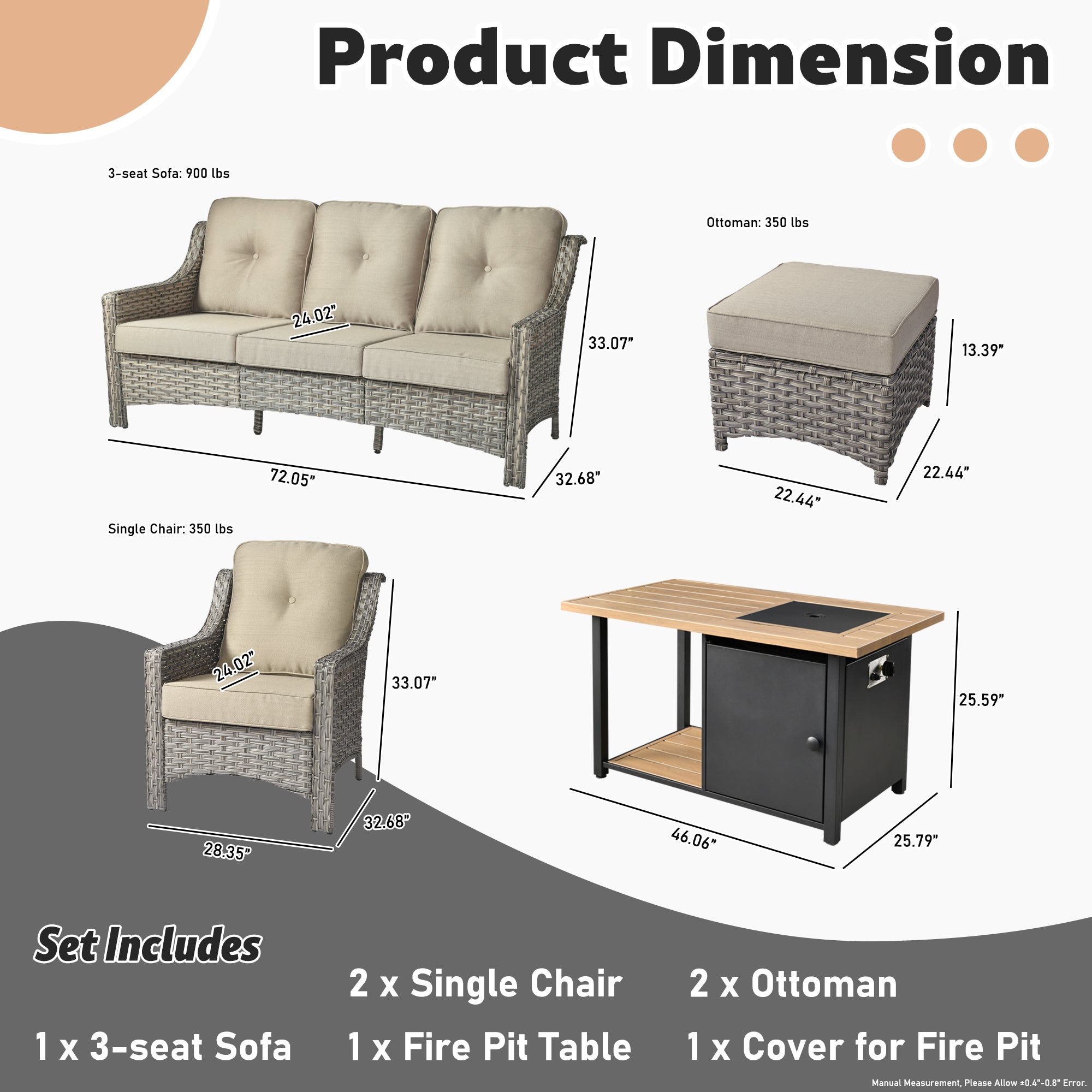 Ovios Conversation Set 6-Piece PAD Series include 46"Fire Pit Table