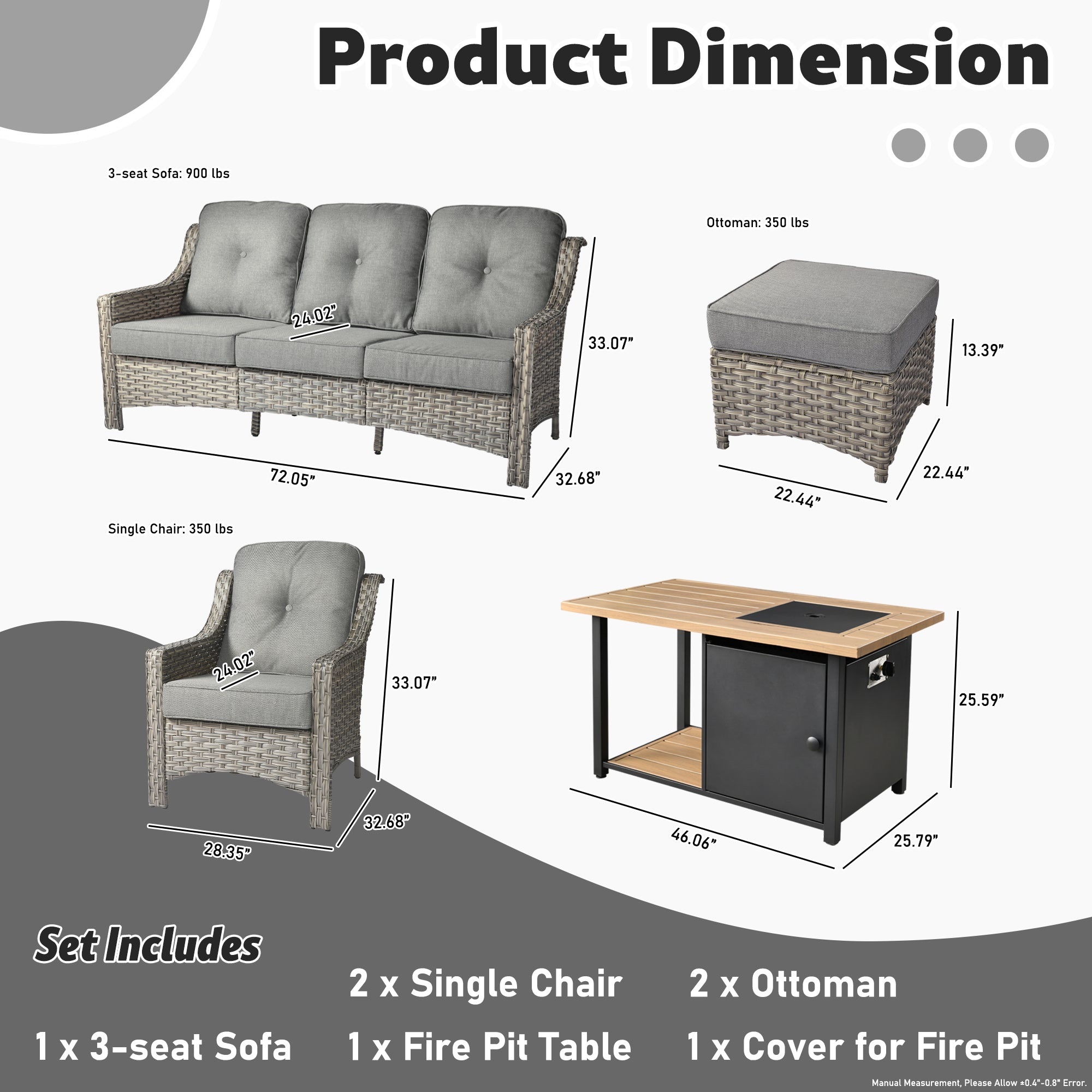 Ovios Conversation Set 6-Piece PAD Series include 46"Fire Pit Table