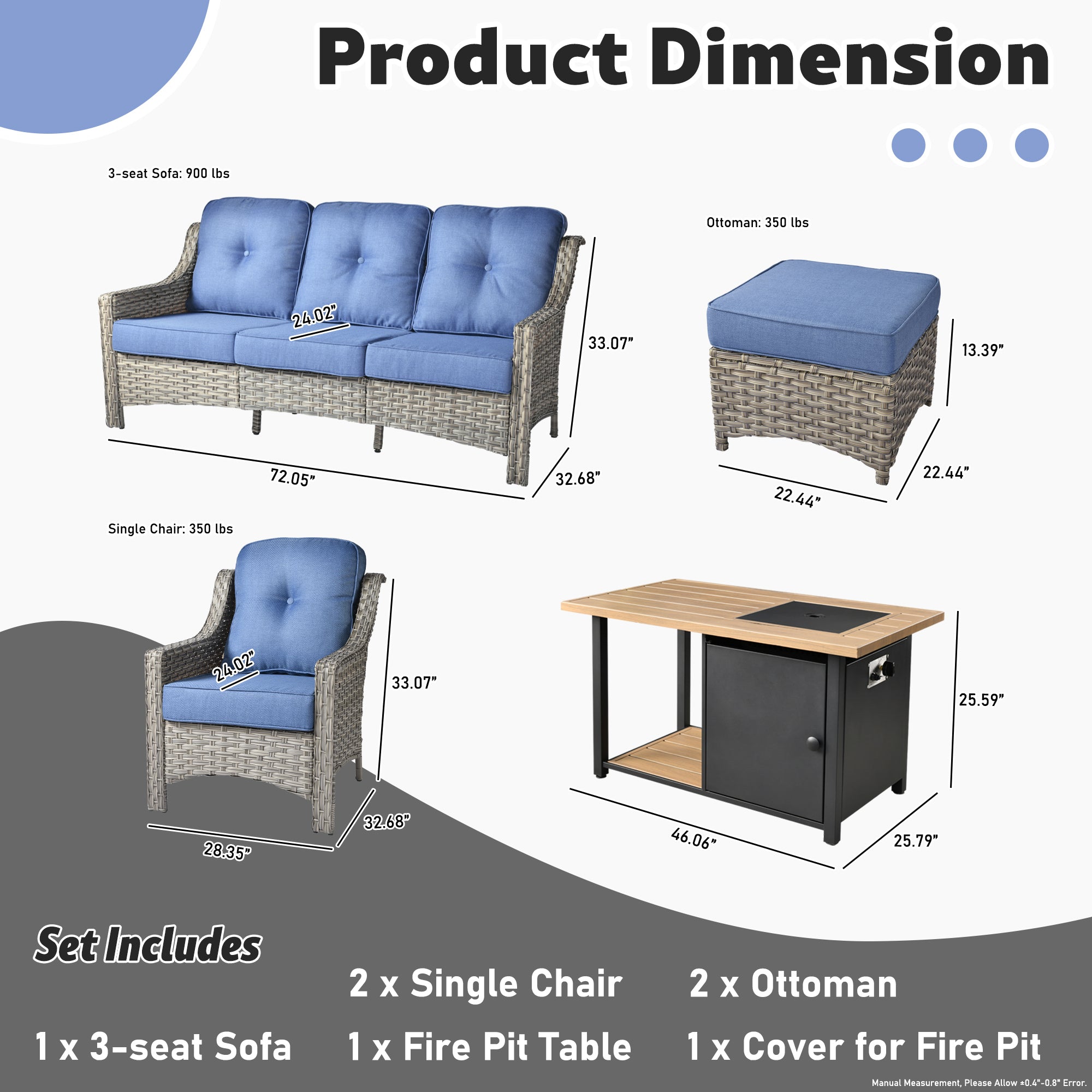 Ovios Conversation Set 6-Piece PAD Series include 46"Fire Pit Table