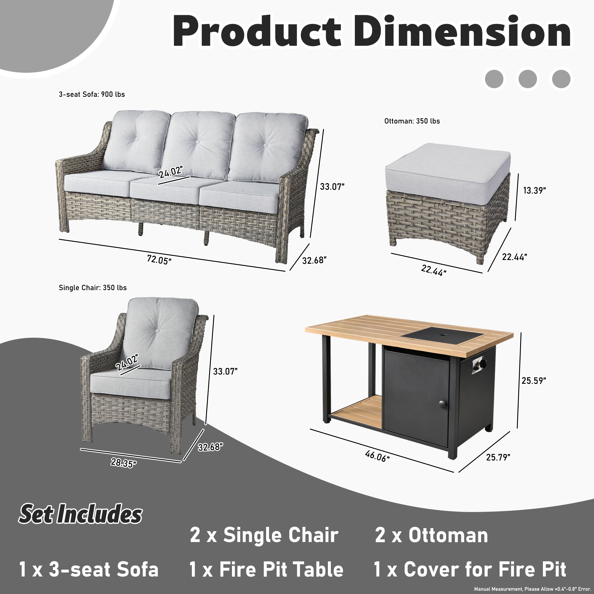 Ovios Conversation Set 6-Piece PAD Series include 46"Fire Pit Table