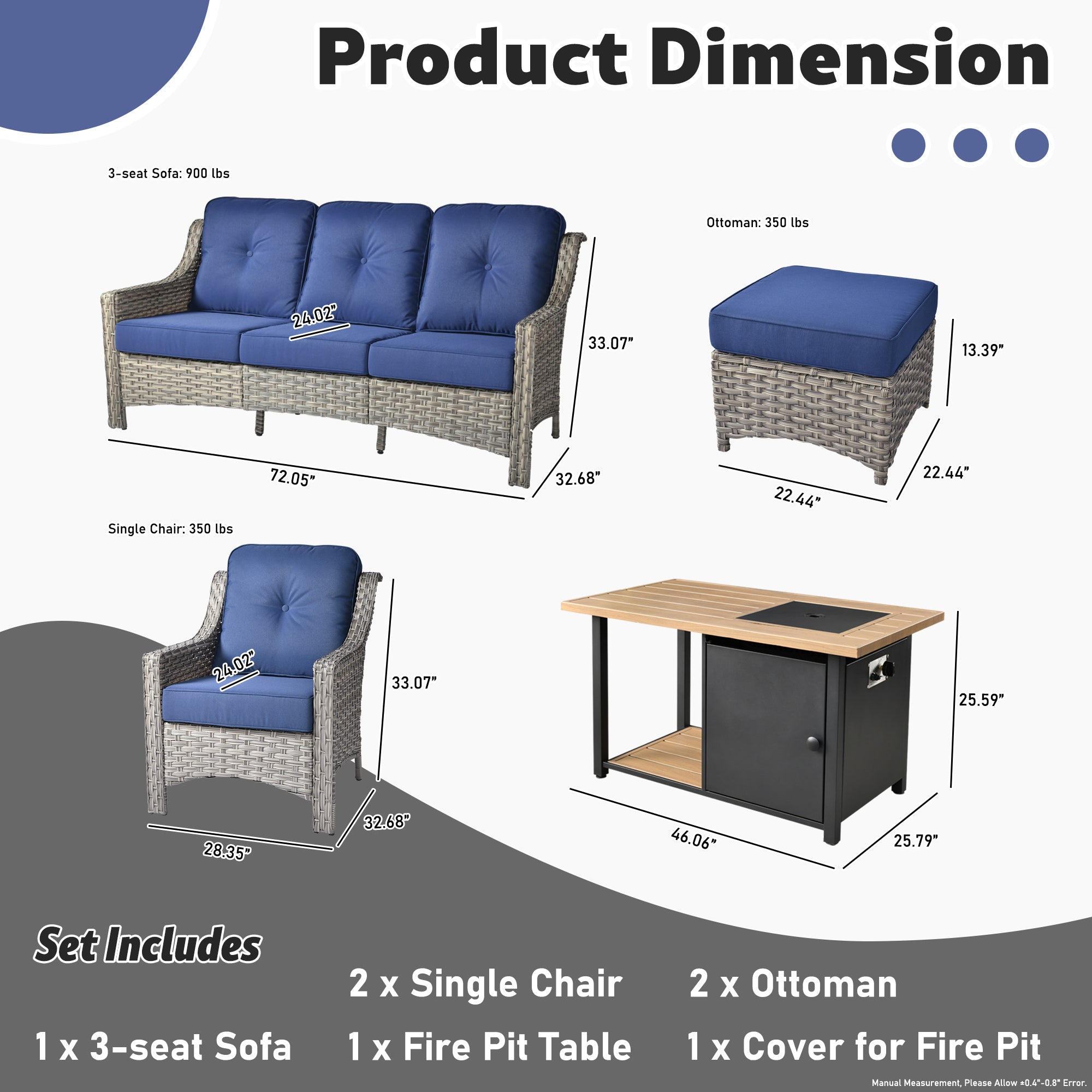 Ovios Conversation Set 6-Piece PAD Series include 46"Fire Pit Table