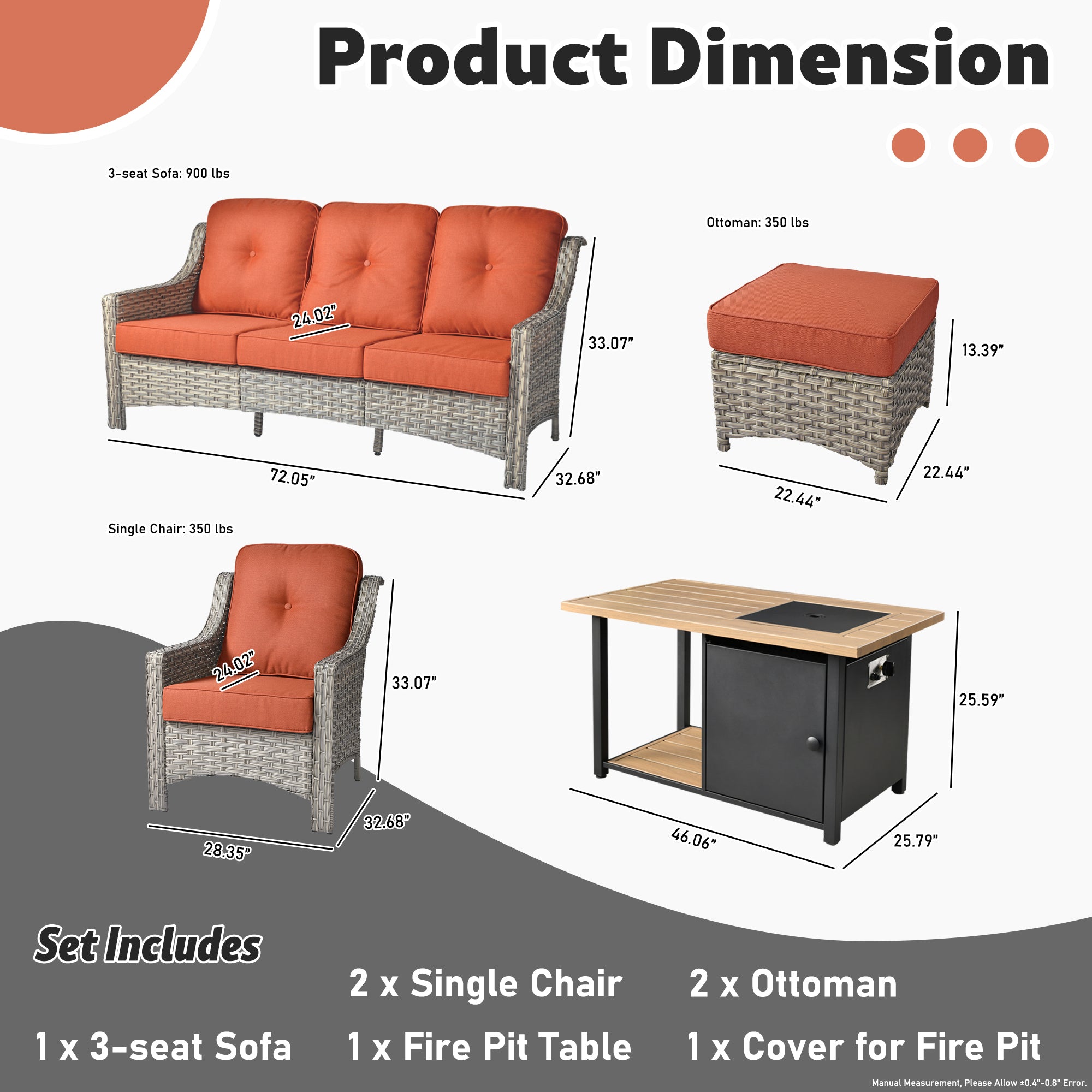Ovios Conversation Set 6-Piece PAD Series include 46"Fire Pit Table