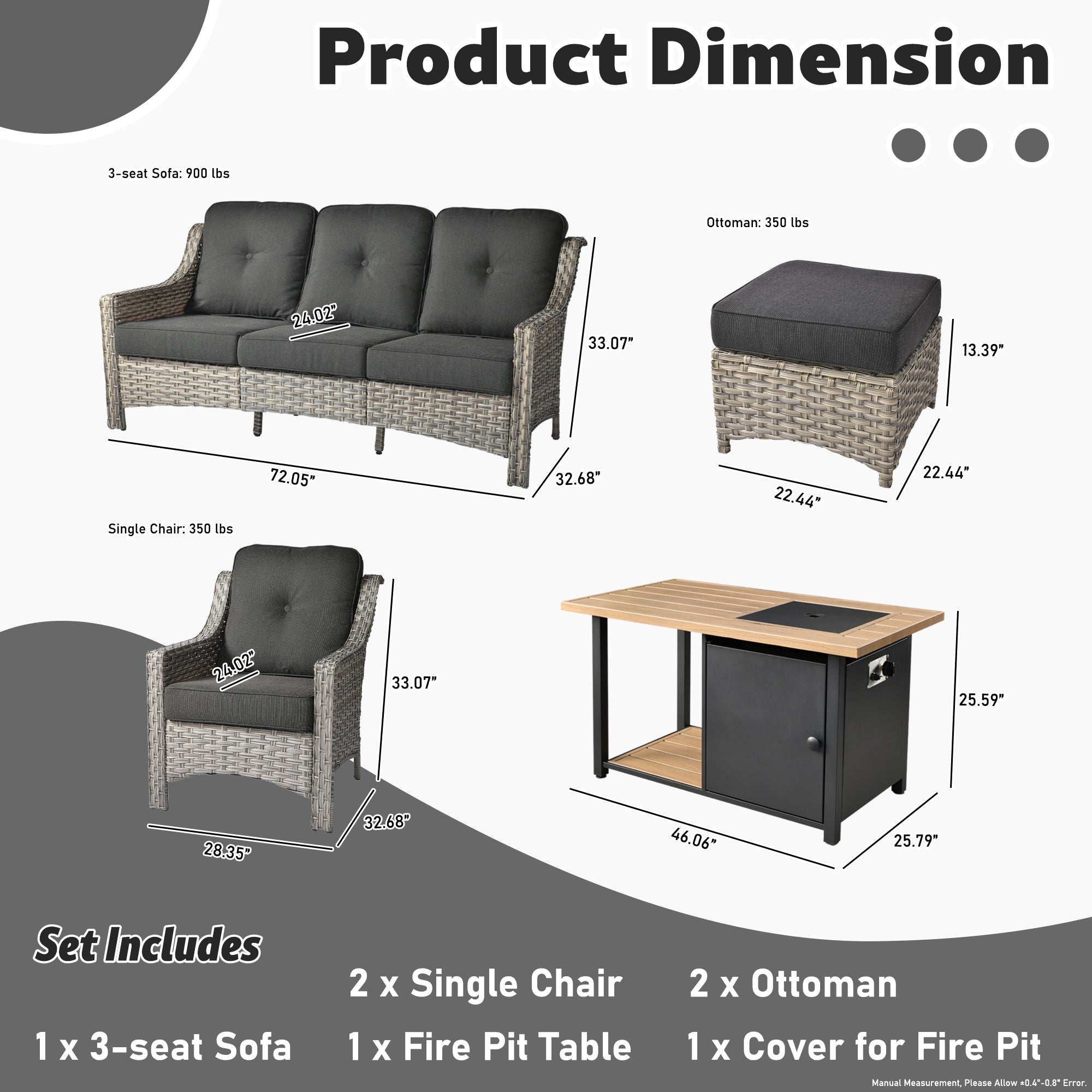 Ovios Conversation Set 6-Piece PAD Series include 46"Fire Pit Table