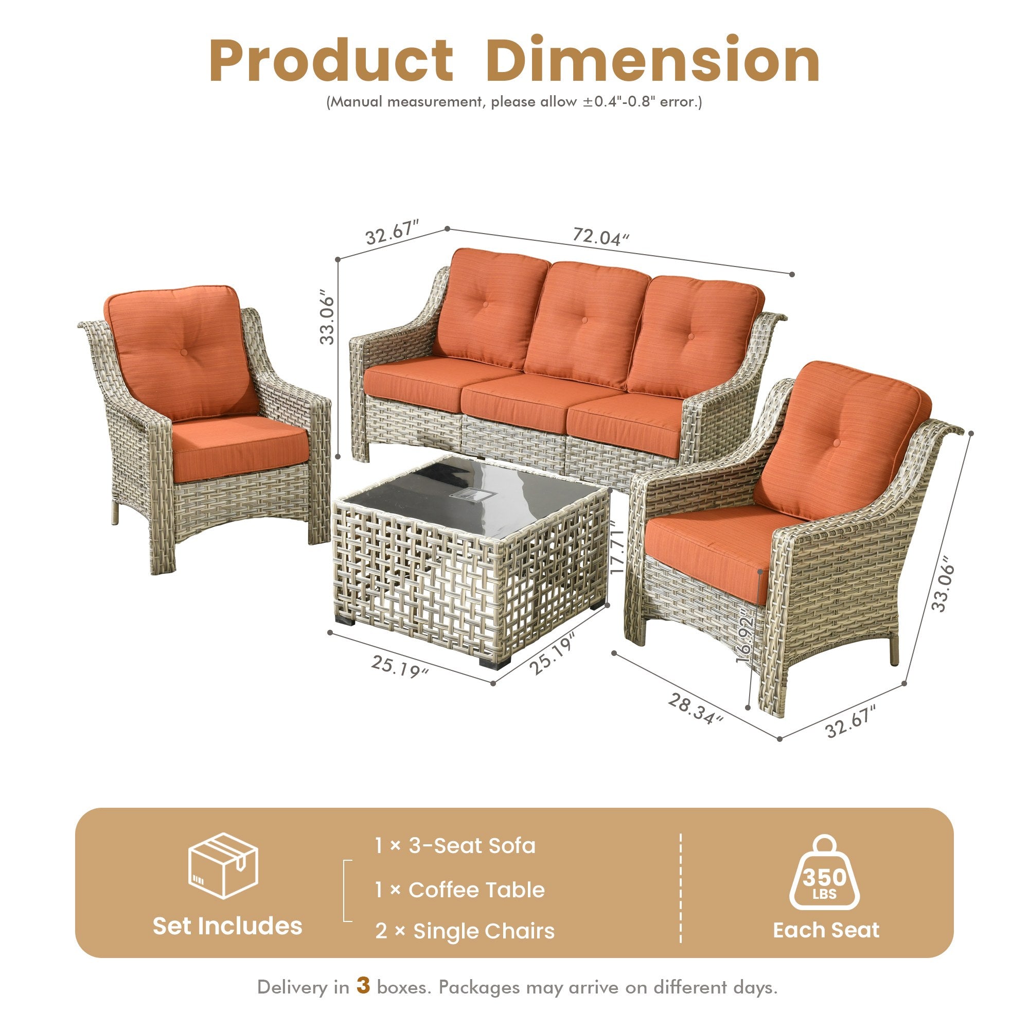 Ovios PAD Series wicker 5pc conversation set: sofa, coffee table, chairs. Dimensions shown.
