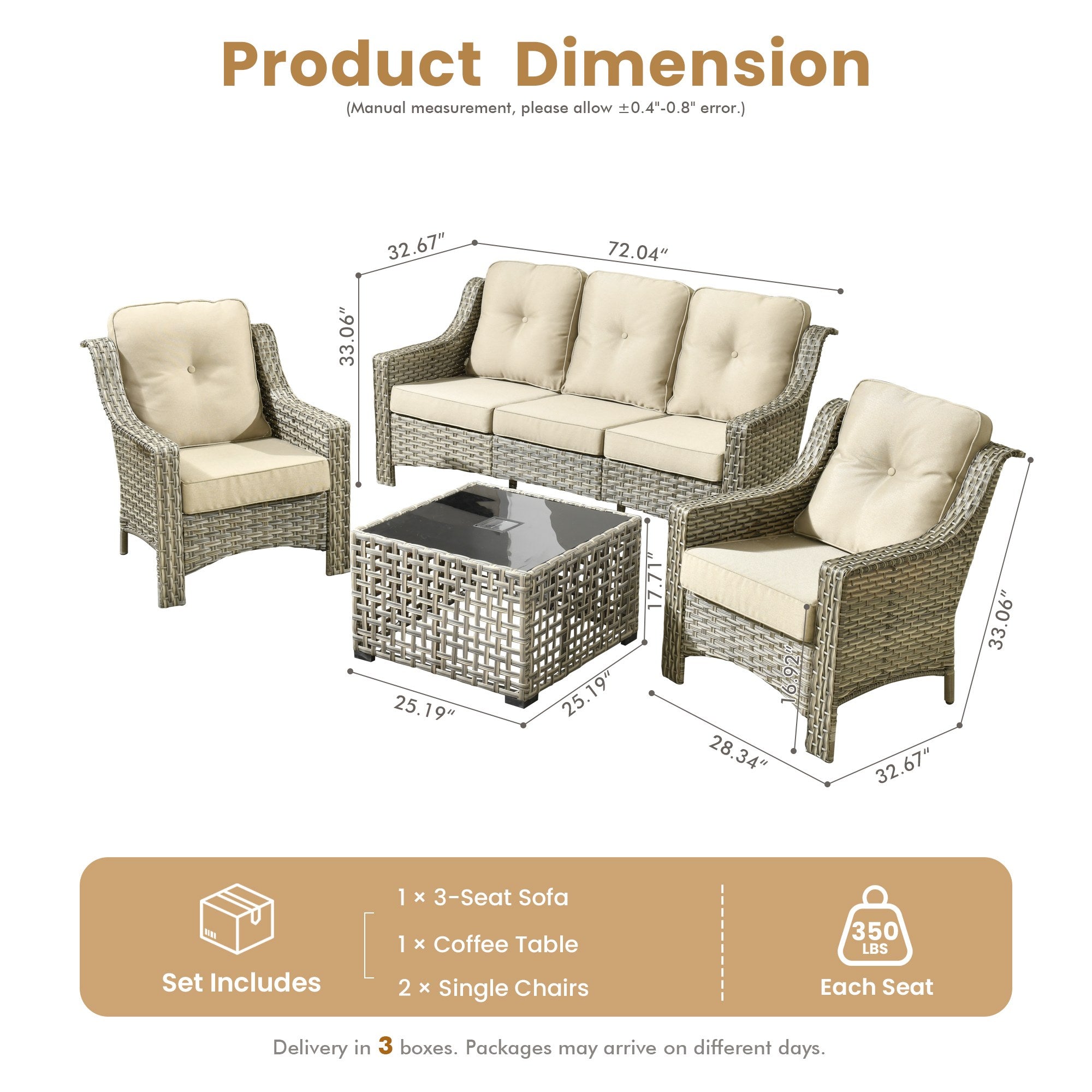 Ovios 5-piece PAD Series outdoor wicker set: sofa, 2 swivel chairs, coffee table. Dimensions.