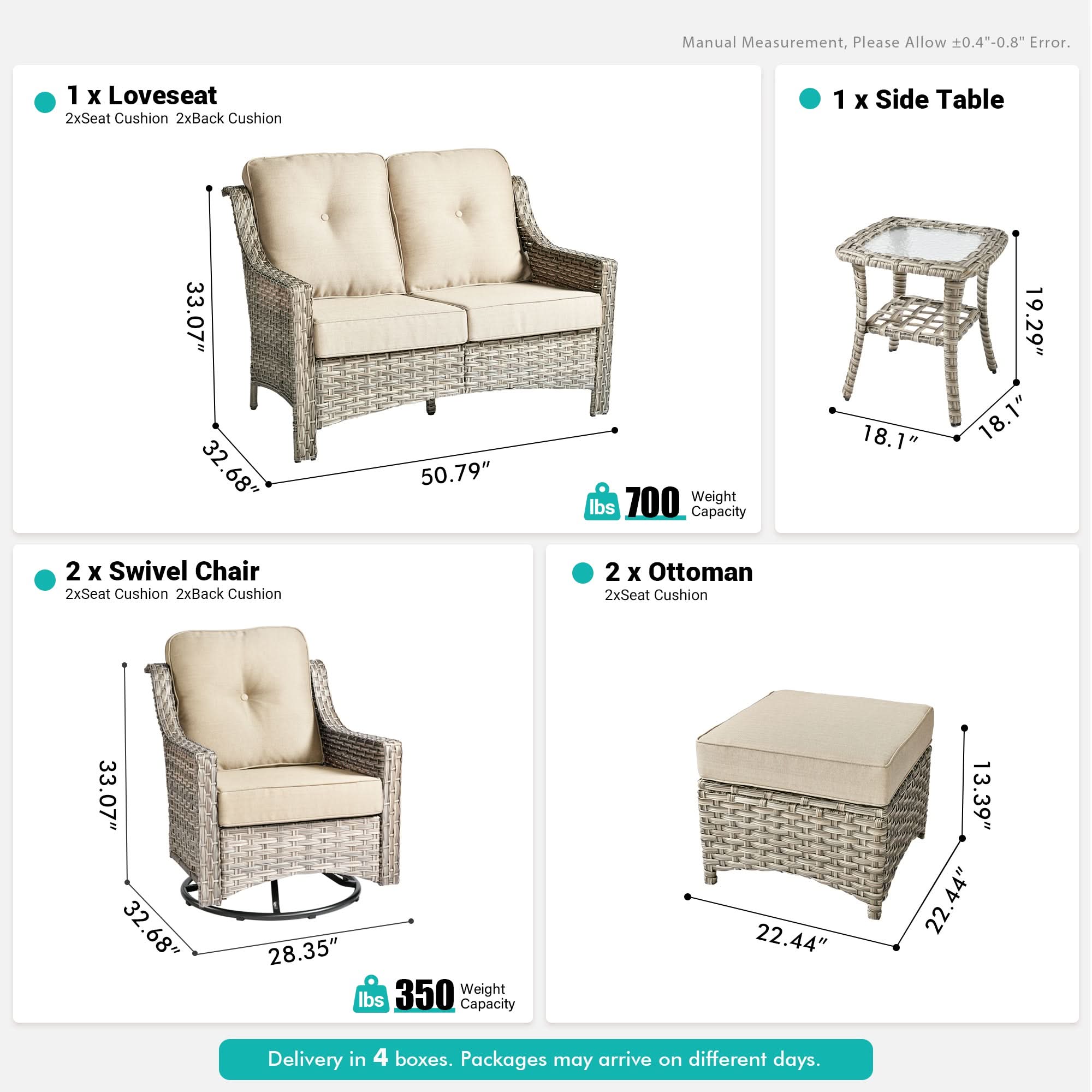 Outdoor 6 Pieces Coversation Set with Swivel Rocking Chair