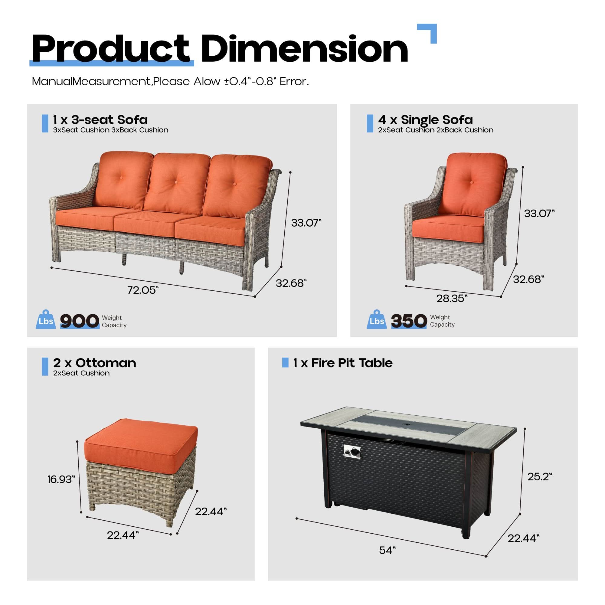 Ovios Outdoor 8 Pieces Coversation Set with 54" Fire Pit Table