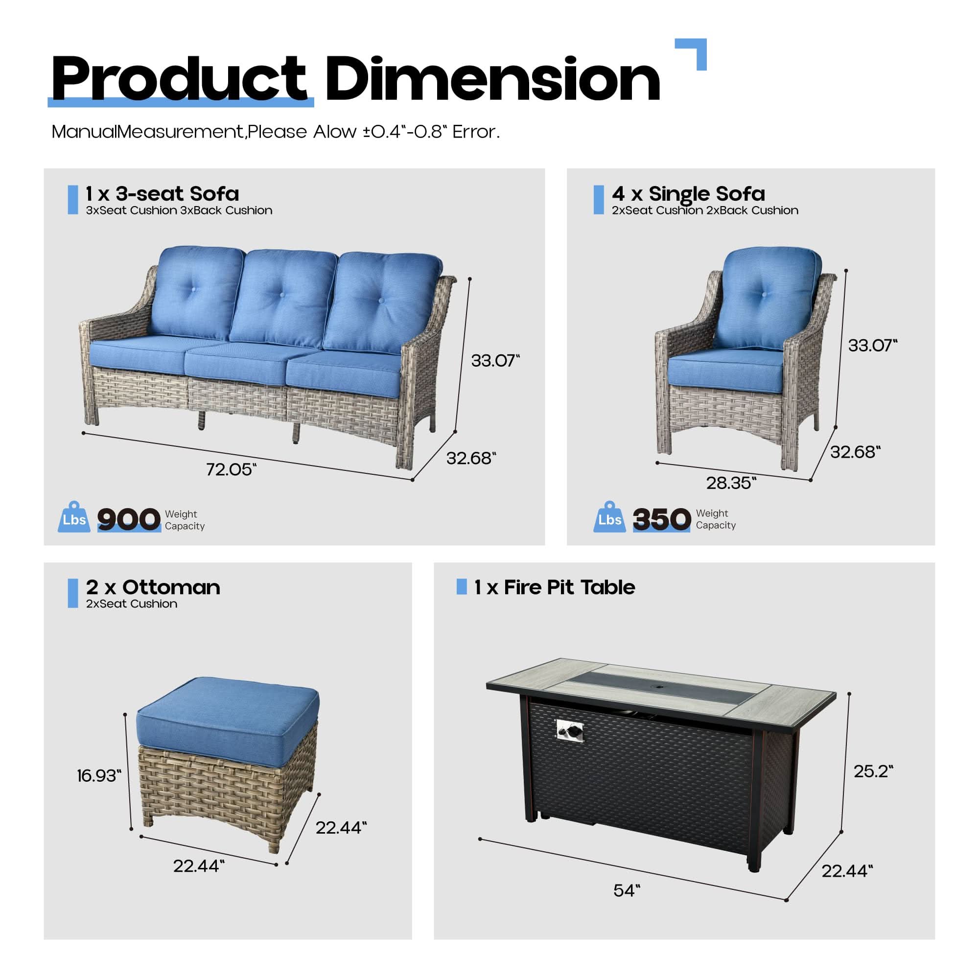Ovios Outdoor 8 Pieces Coversation Set with 54" Fire Pit Table
