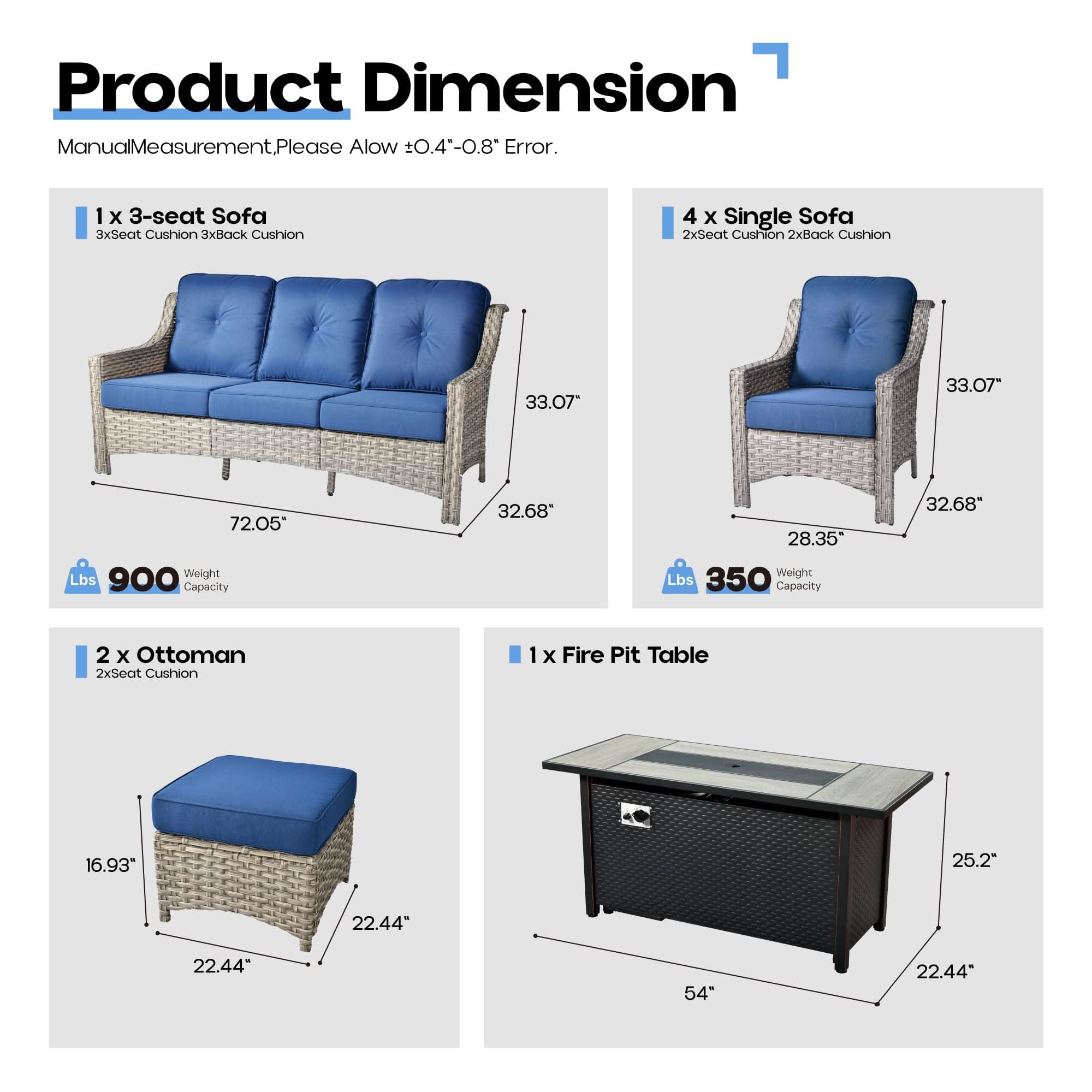 Ovios Outdoor 8 Pieces Coversation Set with 54" Fire Pit Table