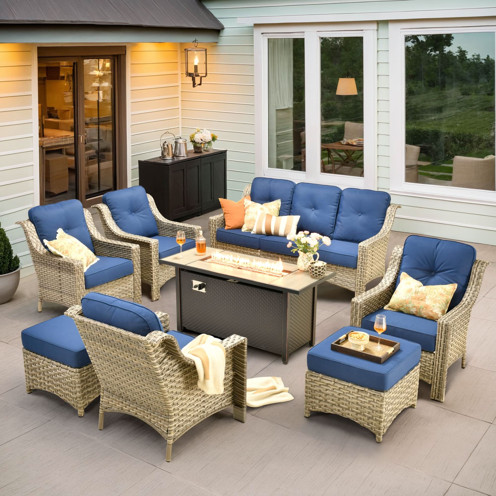 Ovios Outdoor 8 Pieces Coversation Set with 54" Fire Pit Table