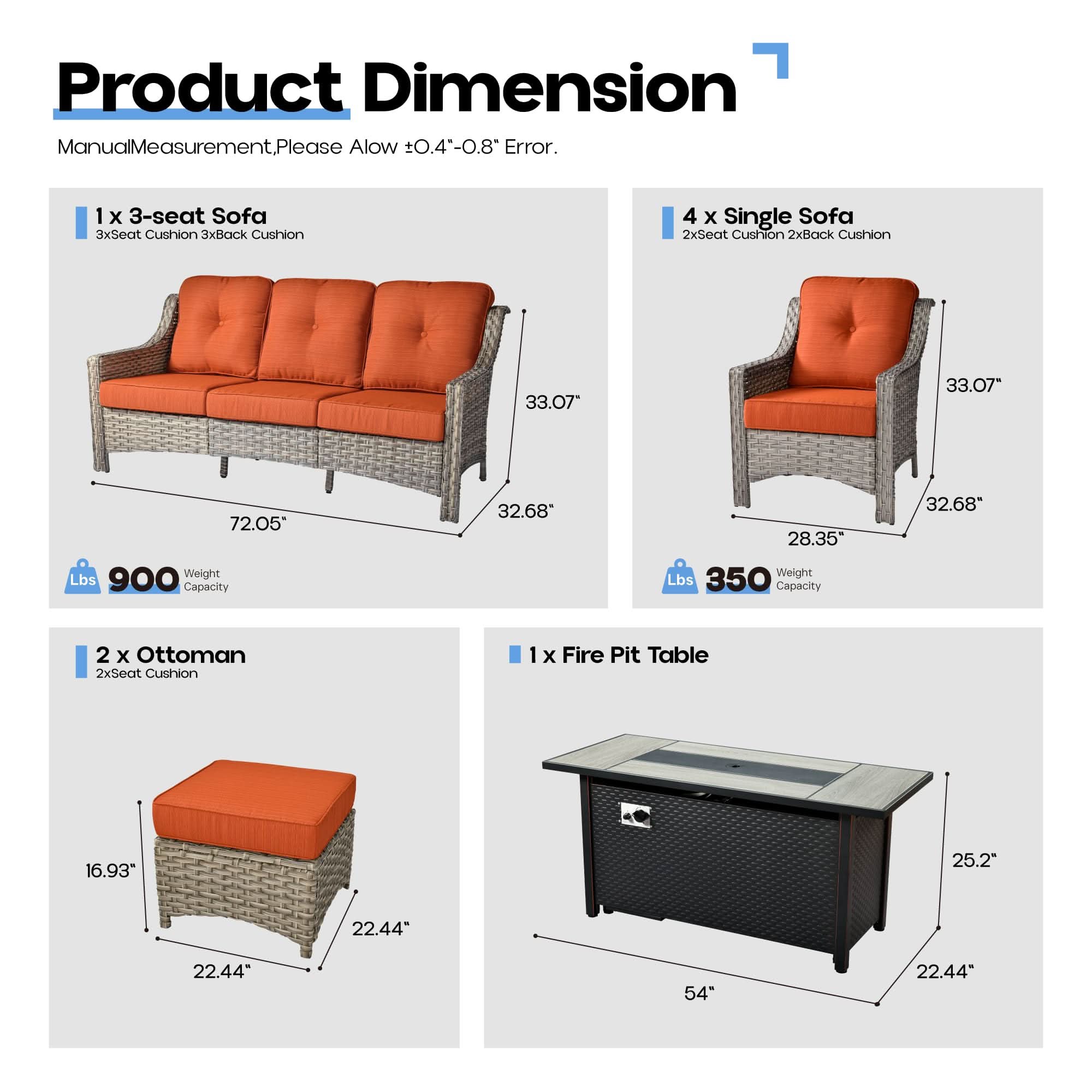 Ovios Outdoor 8 Pieces Coversation Set with 54" Fire Pit Table