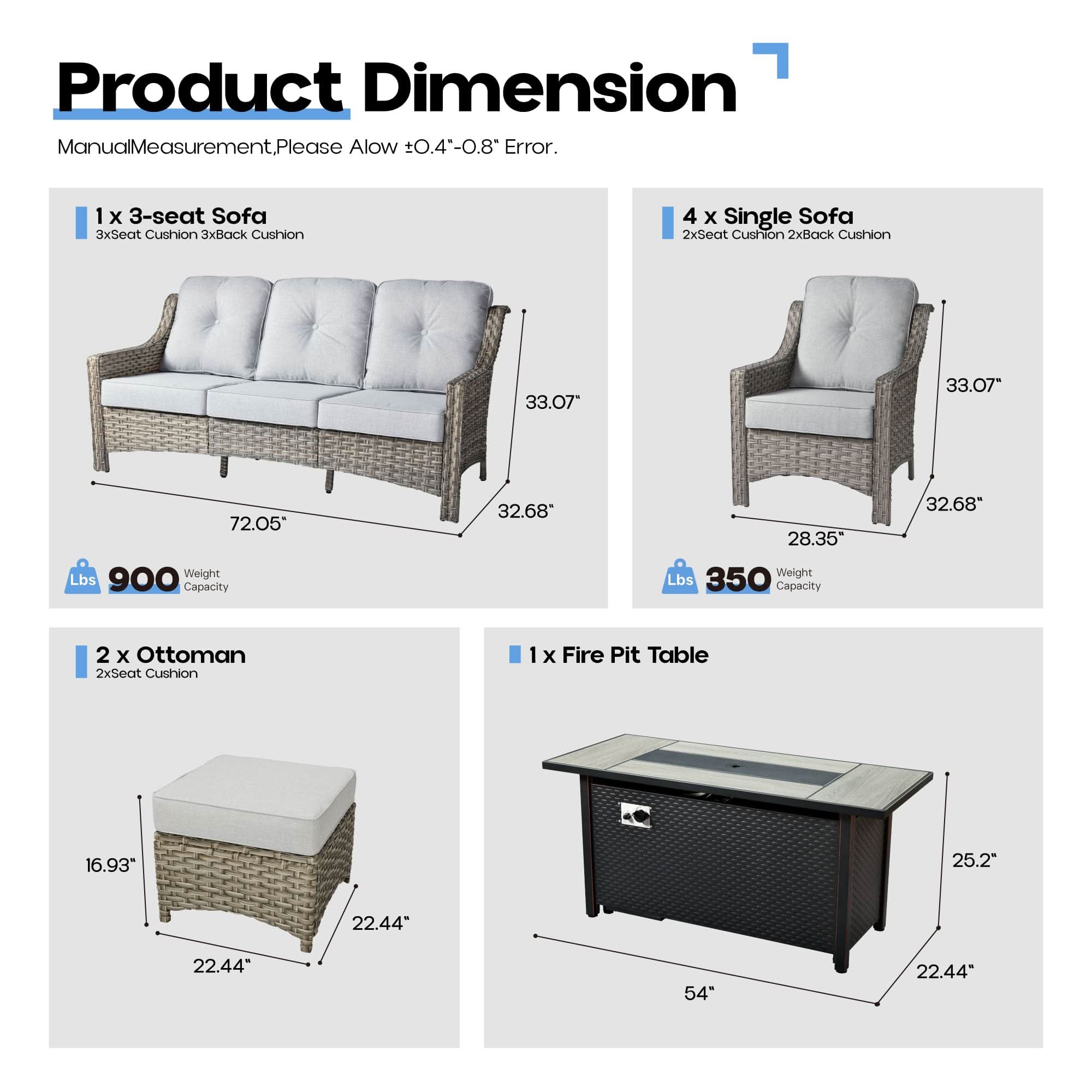 Ovios Outdoor 8 Pieces Coversation Set with 54" Fire Pit Table