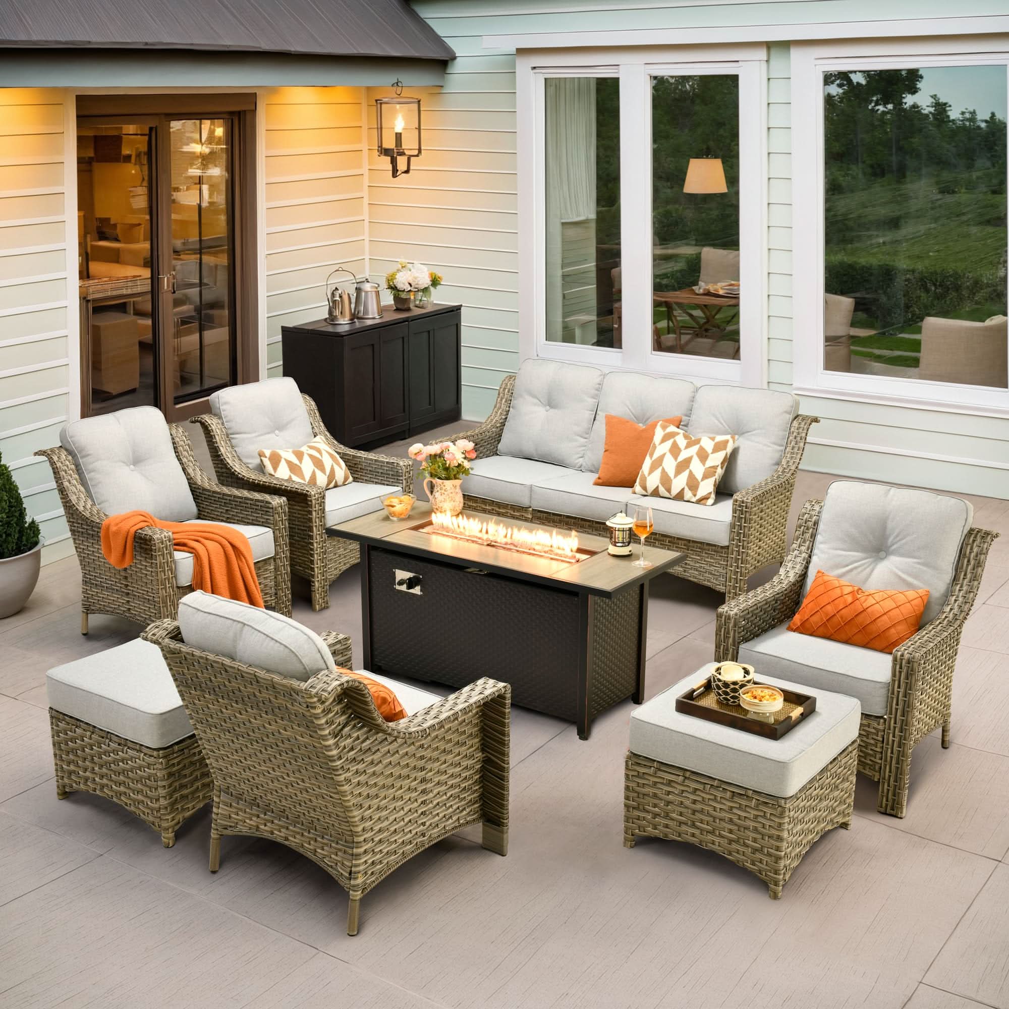 Ovios Outdoor 8 Pieces Coversation Set with 54" Fire Pit Table