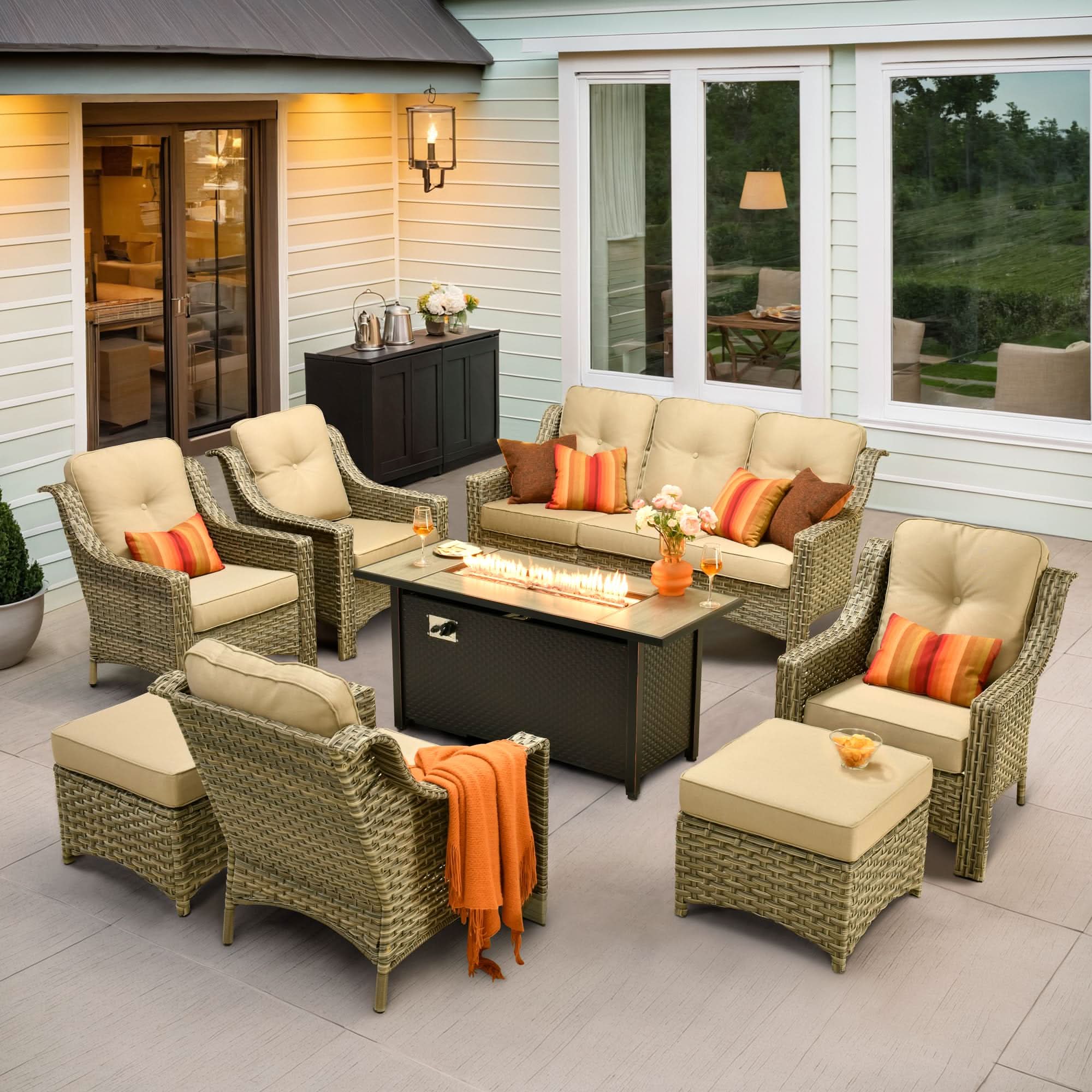 Ovios Outdoor 8 Pieces Coversation Set with 54" Fire Pit Table