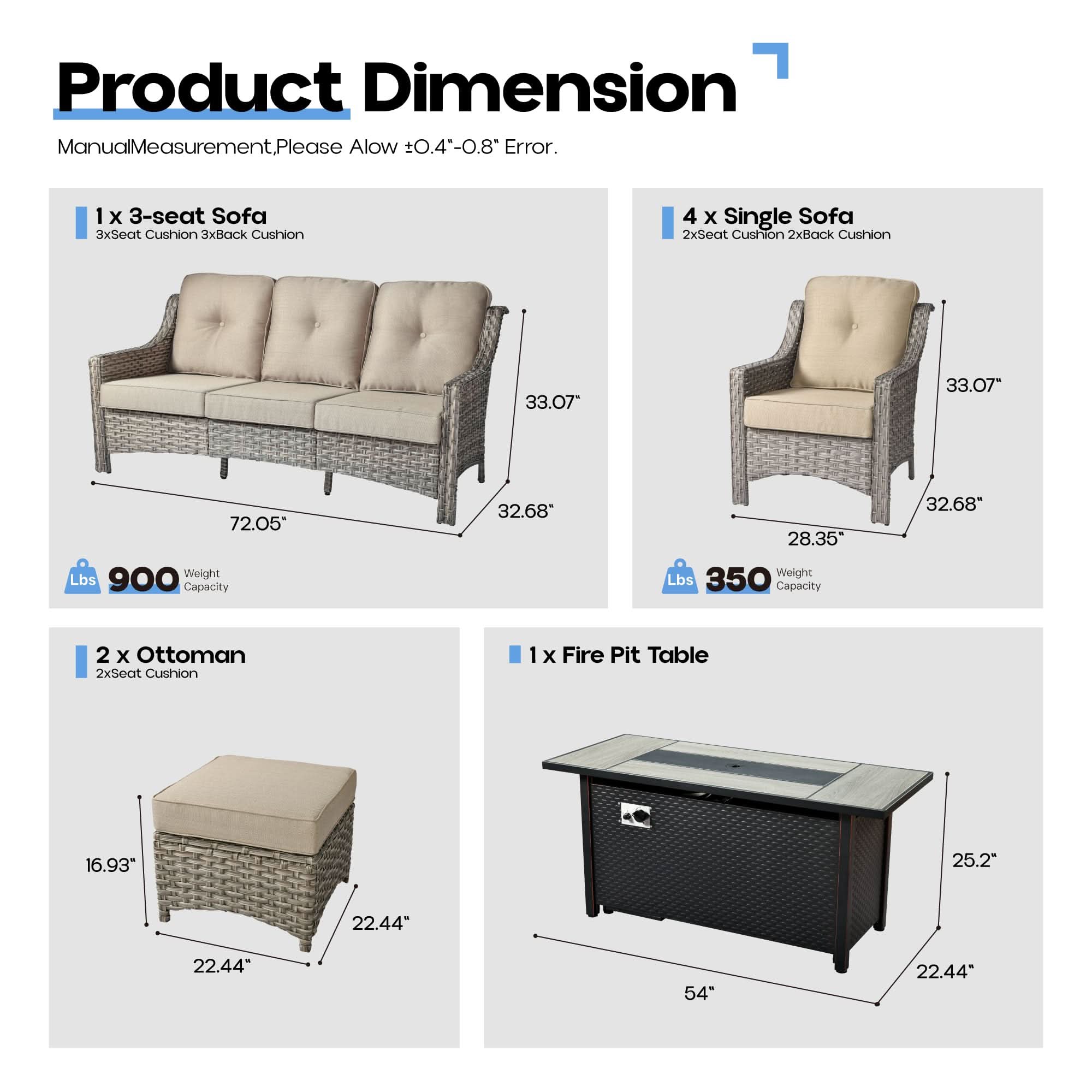 Ovios Outdoor 8 Pieces Coversation Set with 54" Fire Pit Table