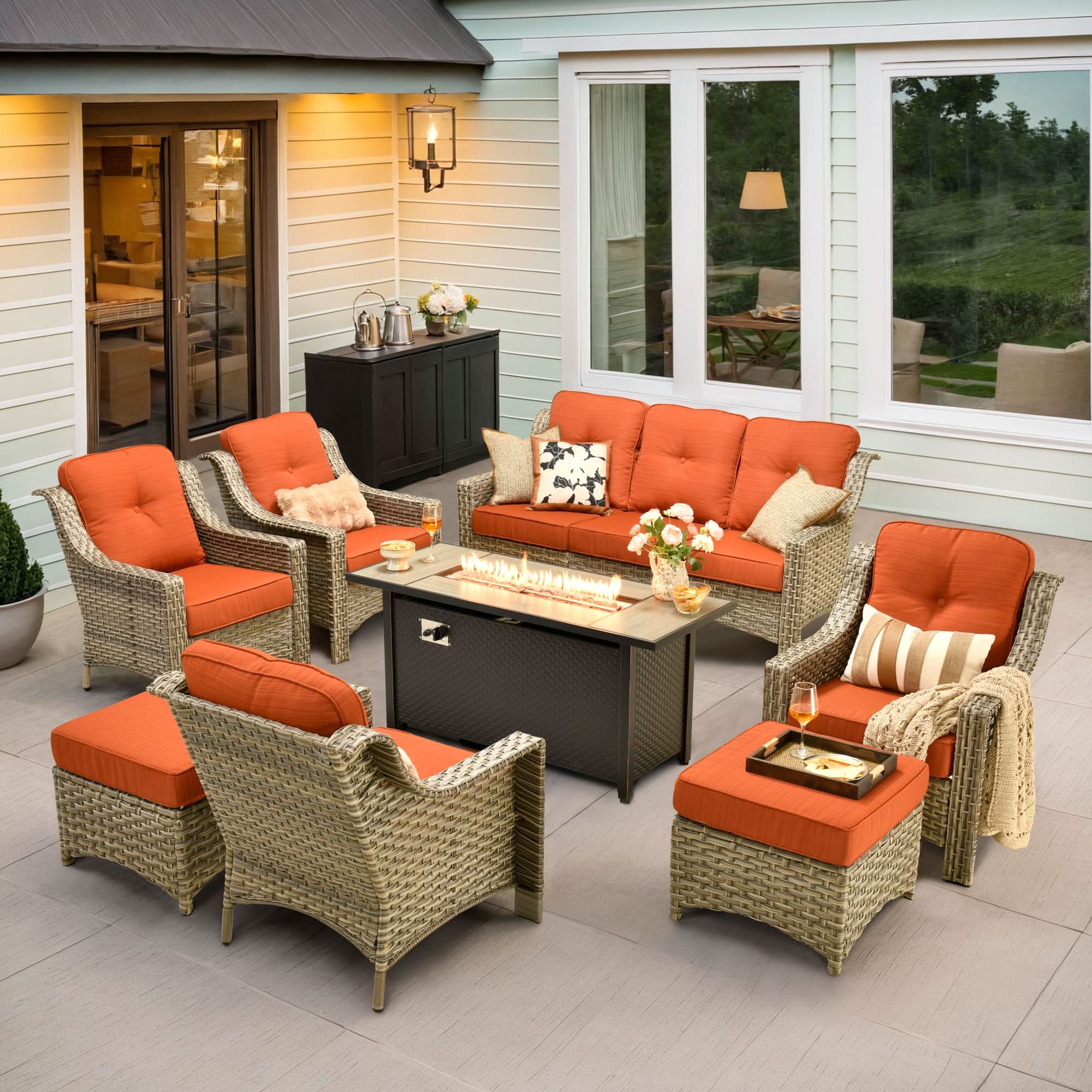 Ovios Outdoor 8 Pieces Coversation Set with 54" Fire Pit Table