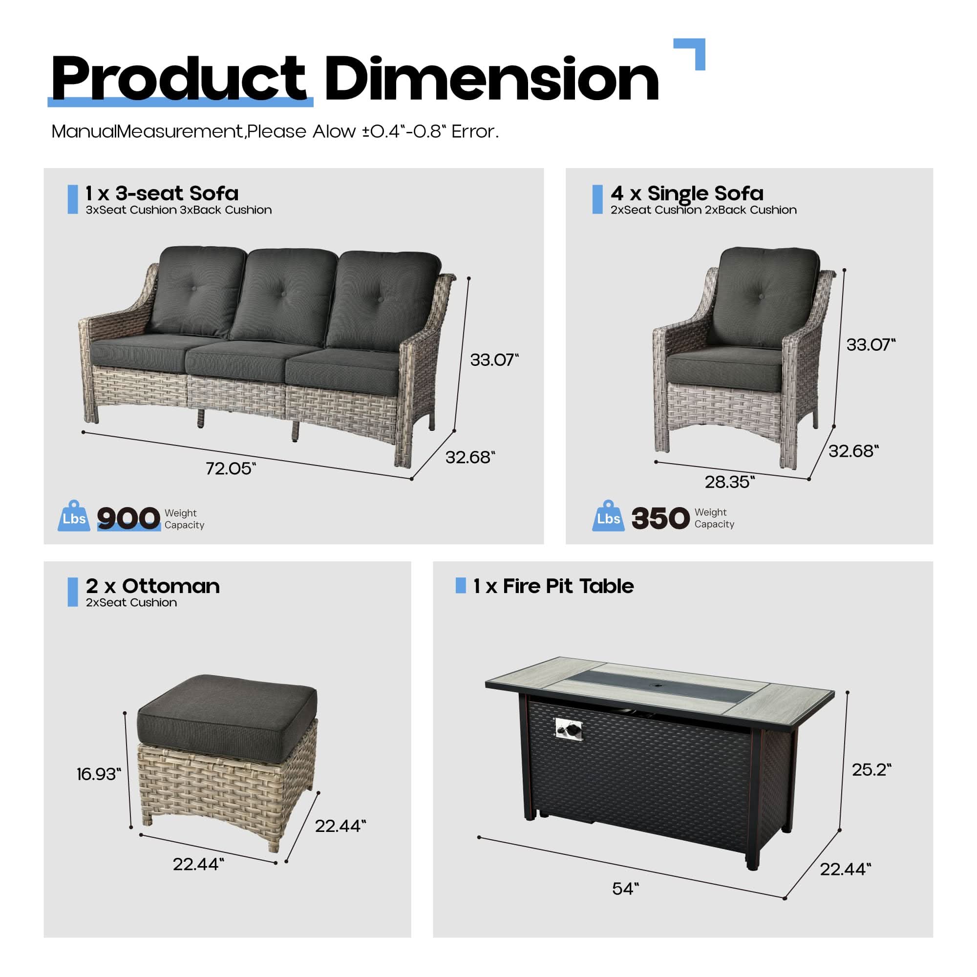 Ovios Outdoor 8 Pieces Coversation Set with 54" Fire Pit Table