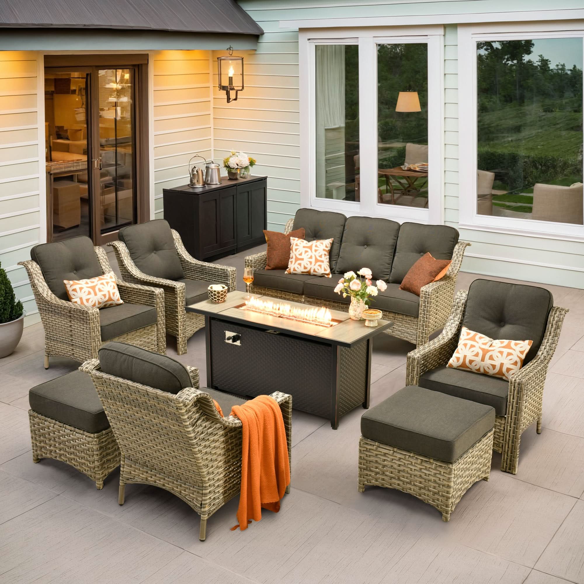 Ovios Outdoor 8 Pieces Coversation Set with 54" Fire Pit Table