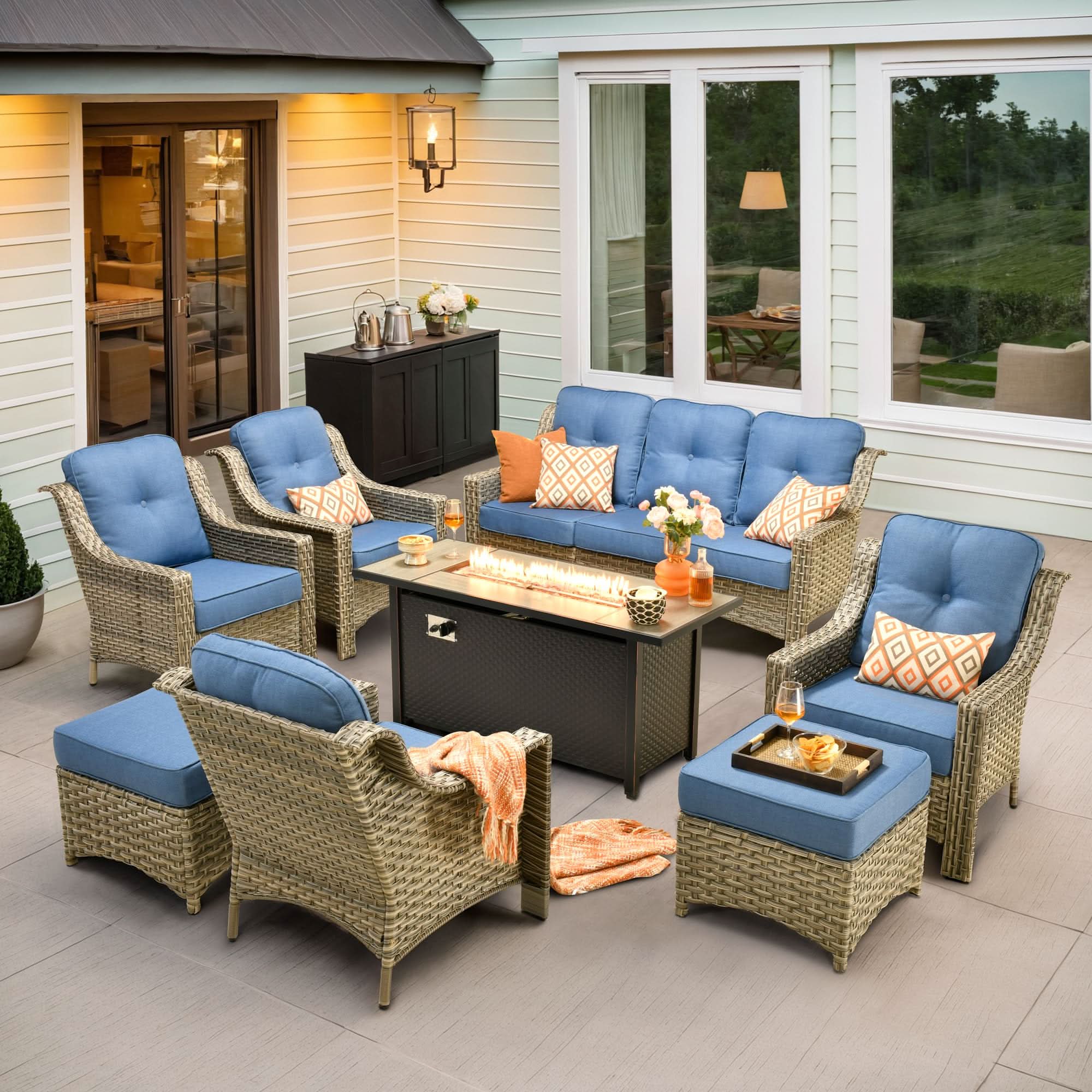 Ovios Outdoor 8 Pieces Coversation Set with 54" Fire Pit Table