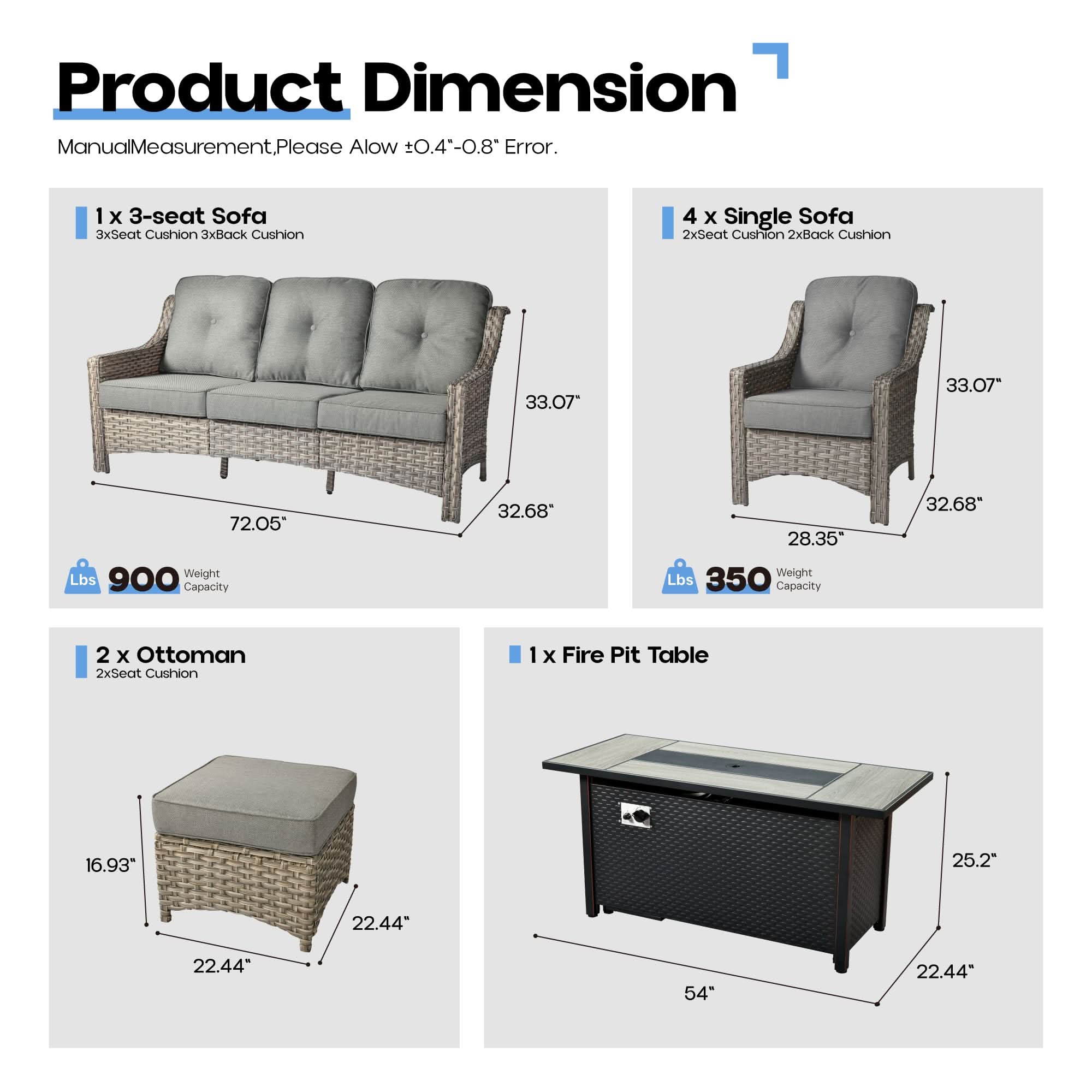 Ovios Outdoor 8 Pieces Coversation Set with 54" Fire Pit Table