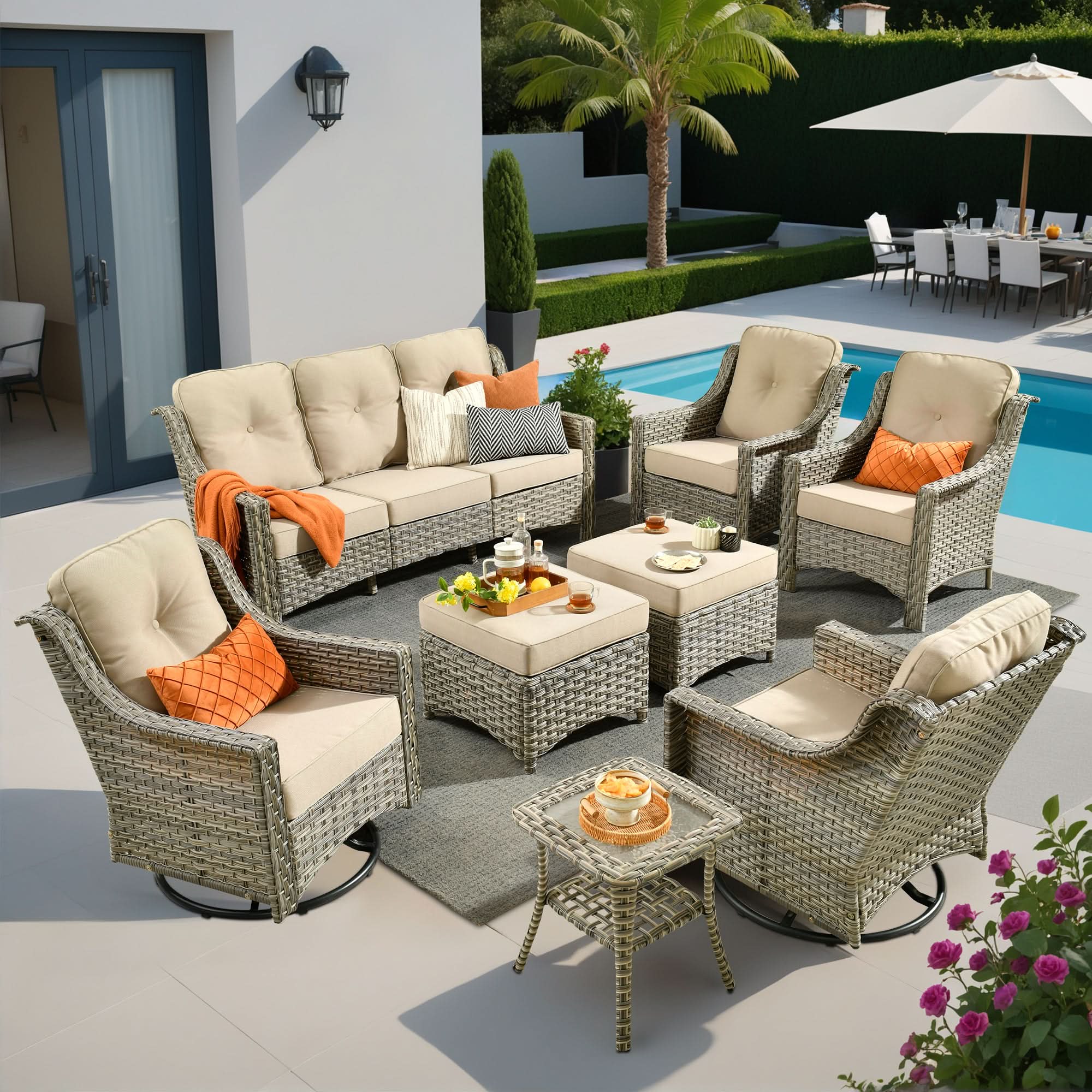 Wicker outdoor conversation set with swivel rocking chairs, beige cushions, and side table. Ideal for patio relaxation.