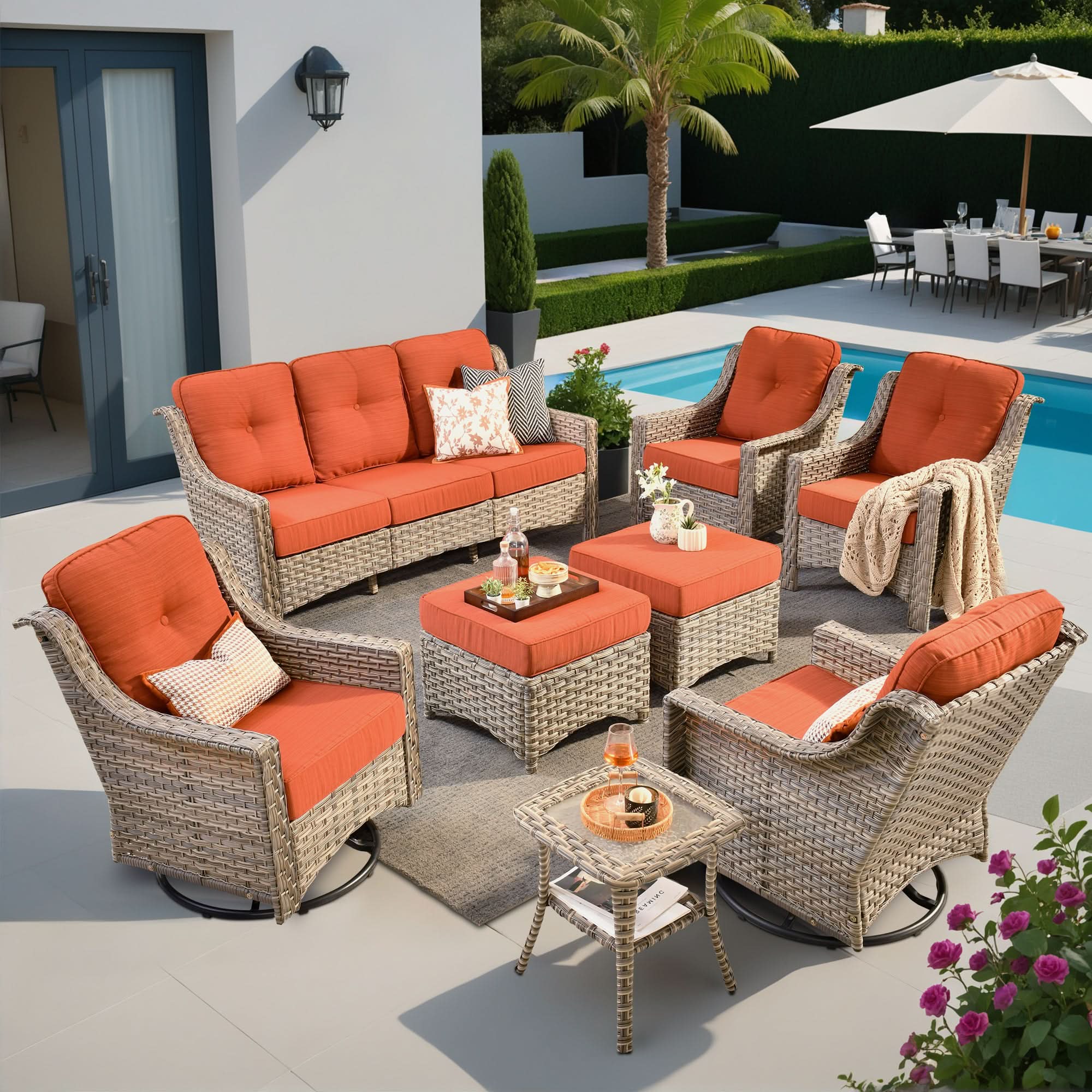 Outdoor 8 Pieces Coversation Set with Swivel Rocking Chair