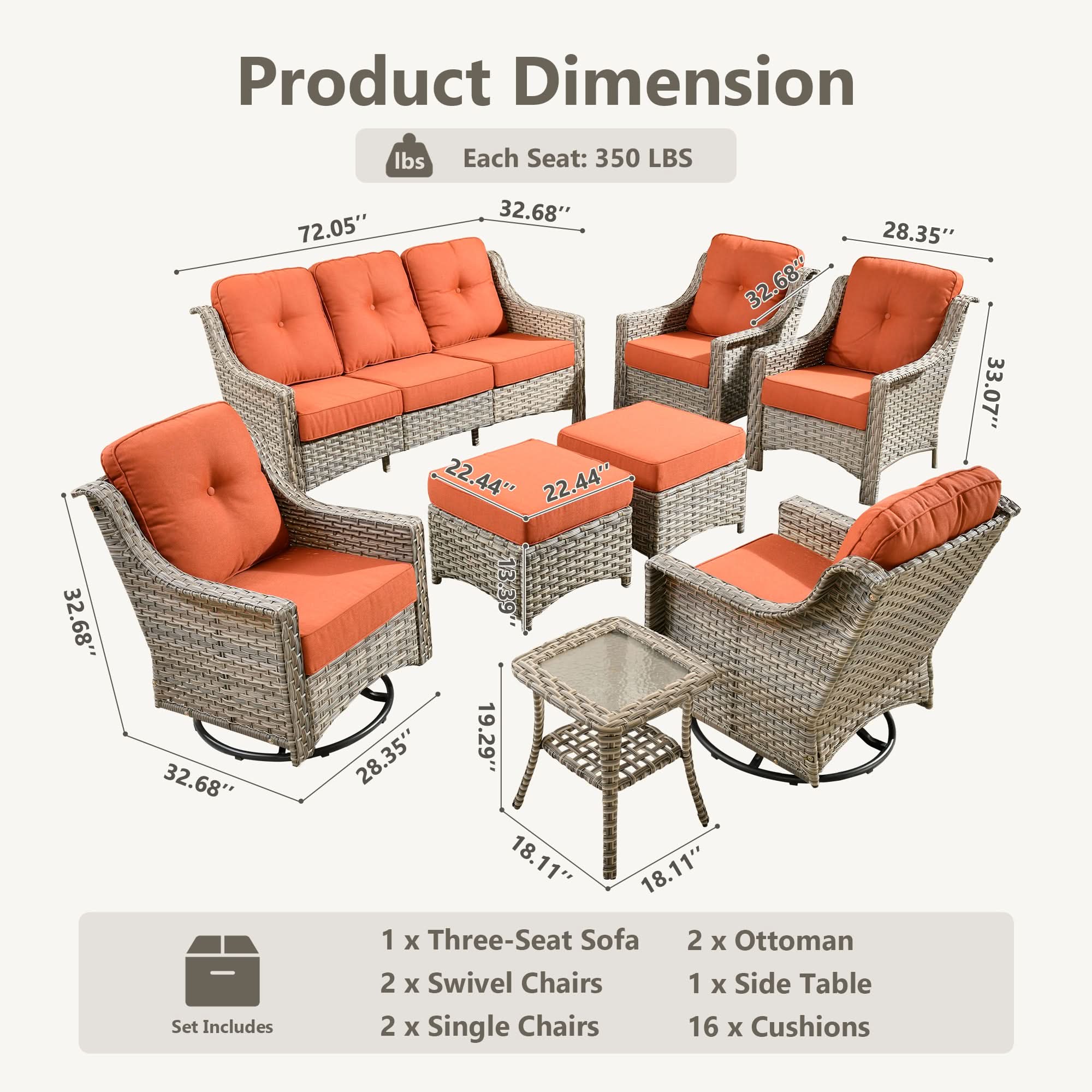 Outdoor 8 Pieces Coversation Set with Swivel Rocking Chair