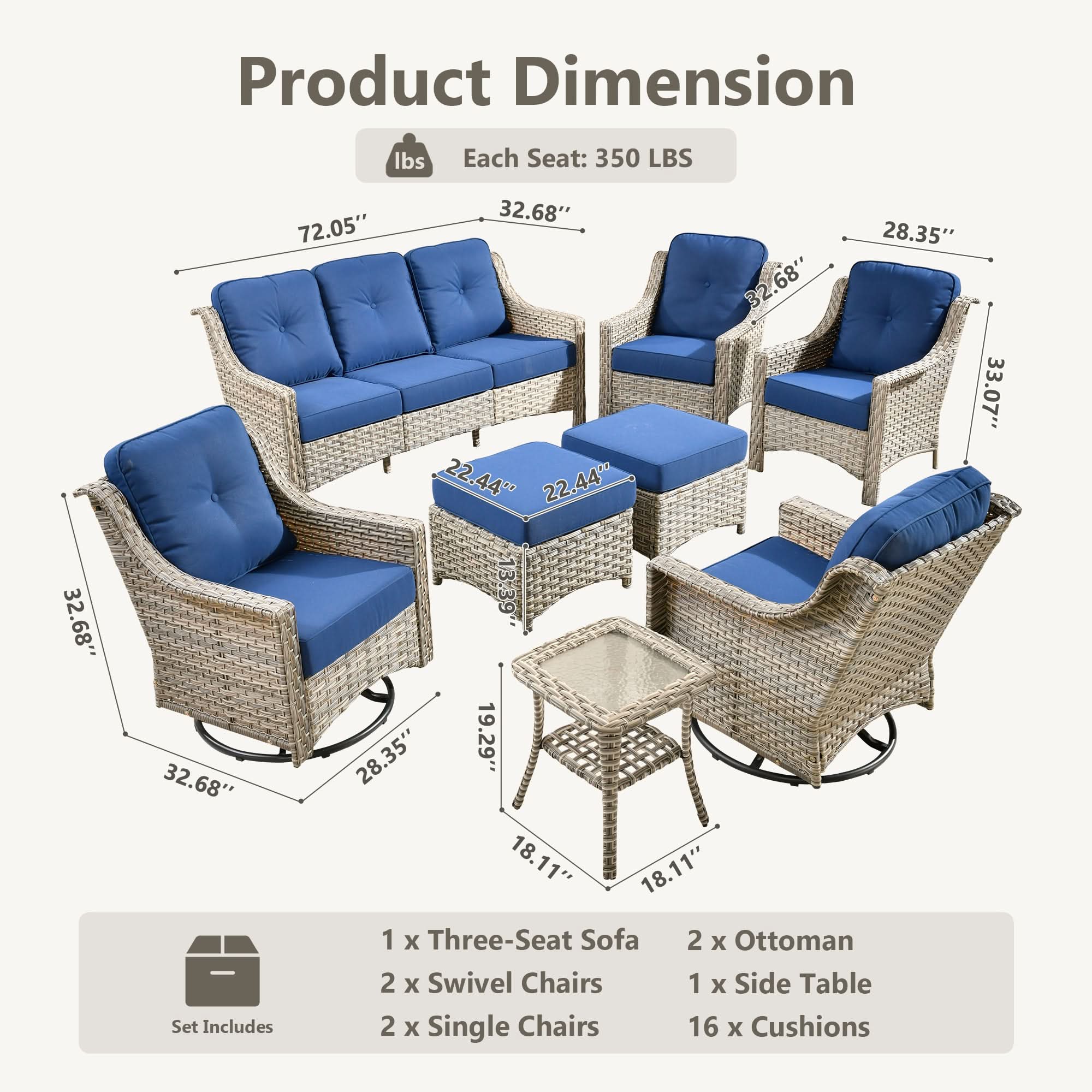Outdoor 8 Pieces Coversation Set with Swivel Rocking Chair