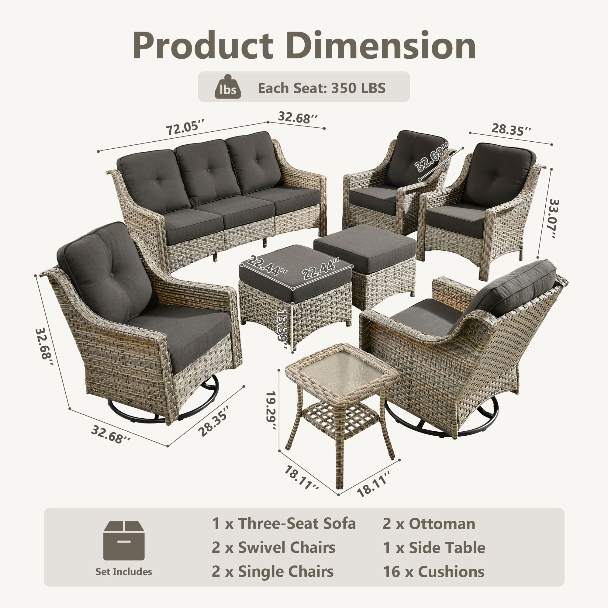 Outdoor 8 Pieces Coversation Set with Swivel Rocking Chair