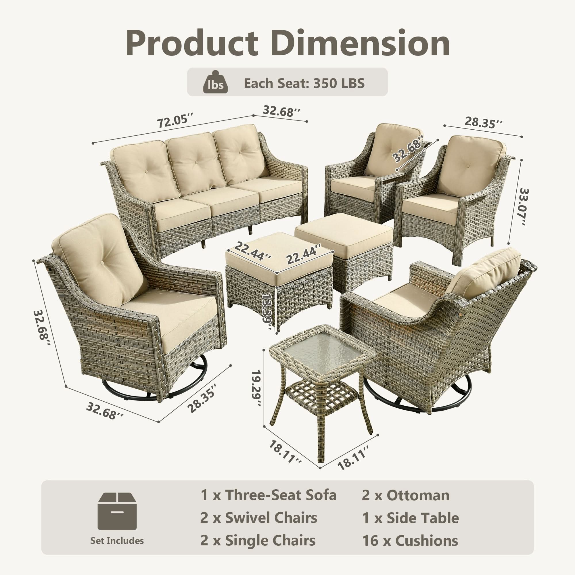 Outdoor 8 Pieces Coversation Set with Swivel Rocking Chair