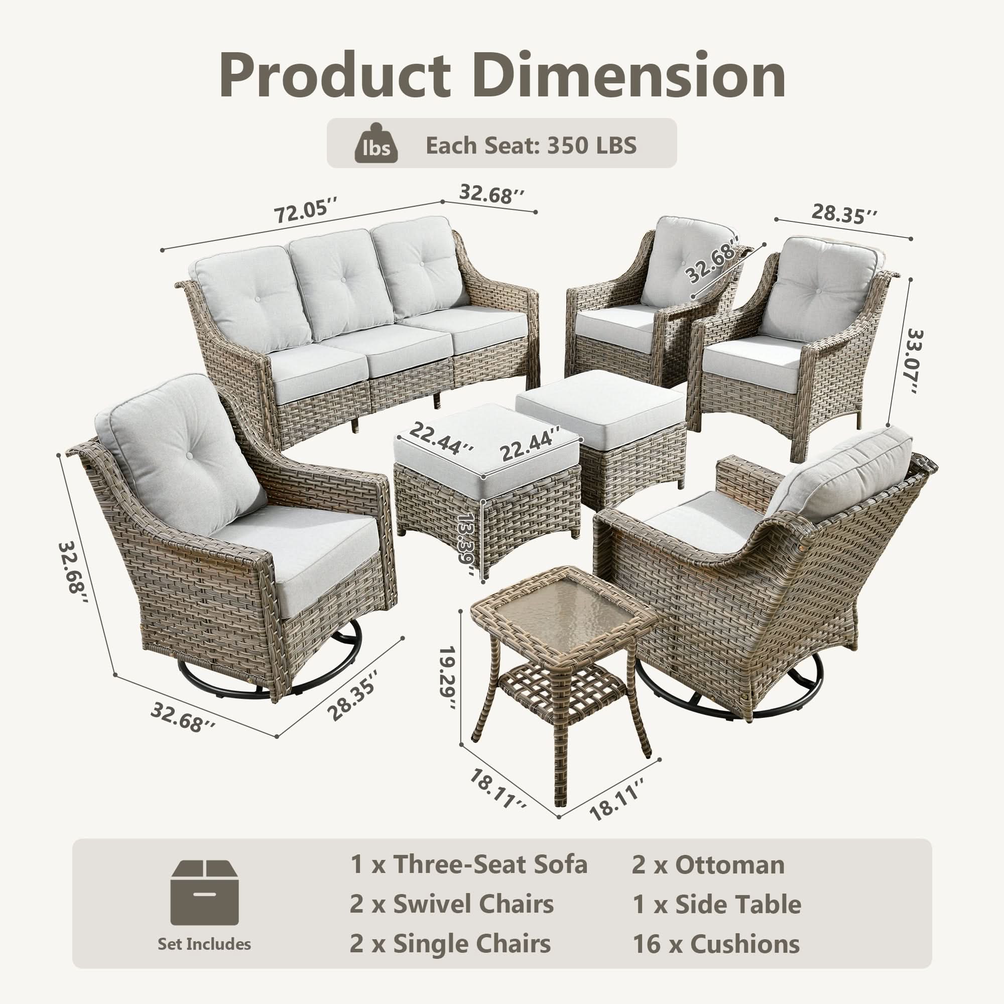 Outdoor 8 Pieces Coversation Set with Swivel Rocking Chair