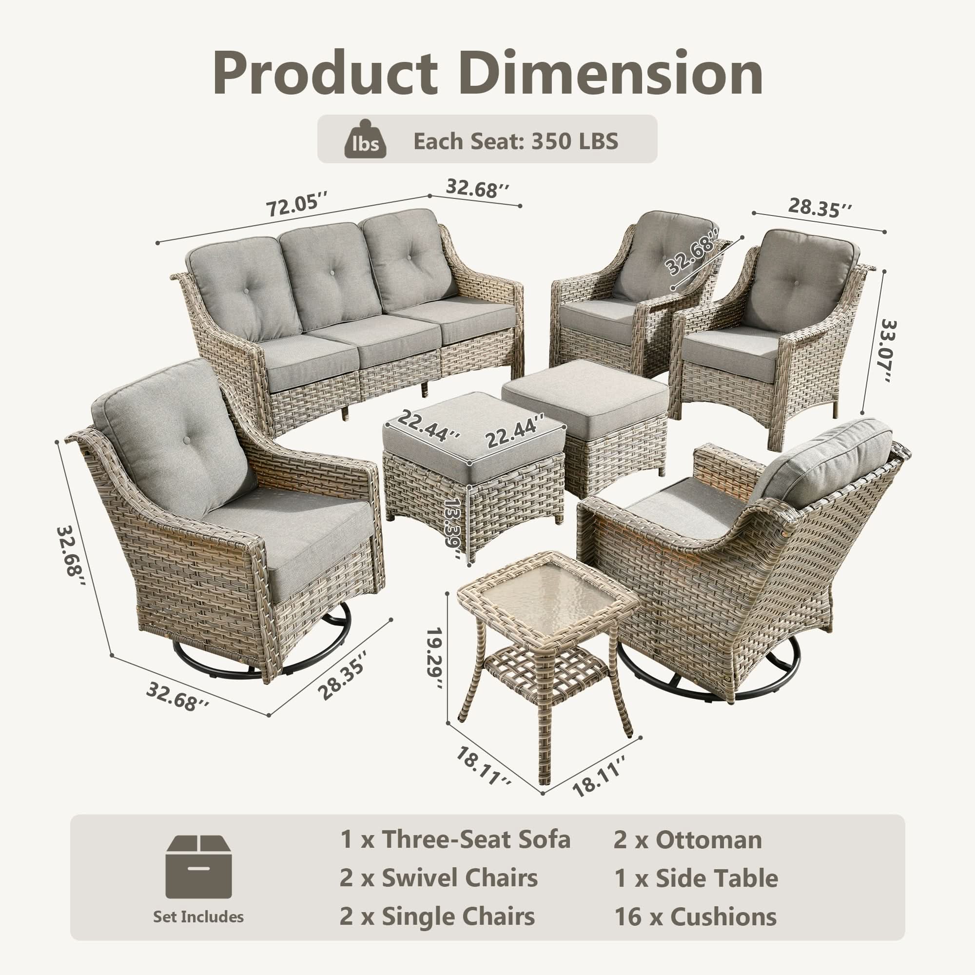 Outdoor 8 Pieces Coversation Set with Swivel Rocking Chair