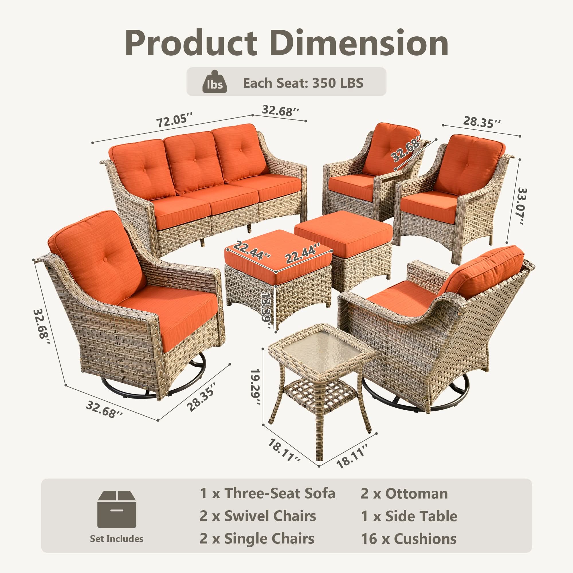 Outdoor 8 Pieces Coversation Set with Swivel Rocking Chair