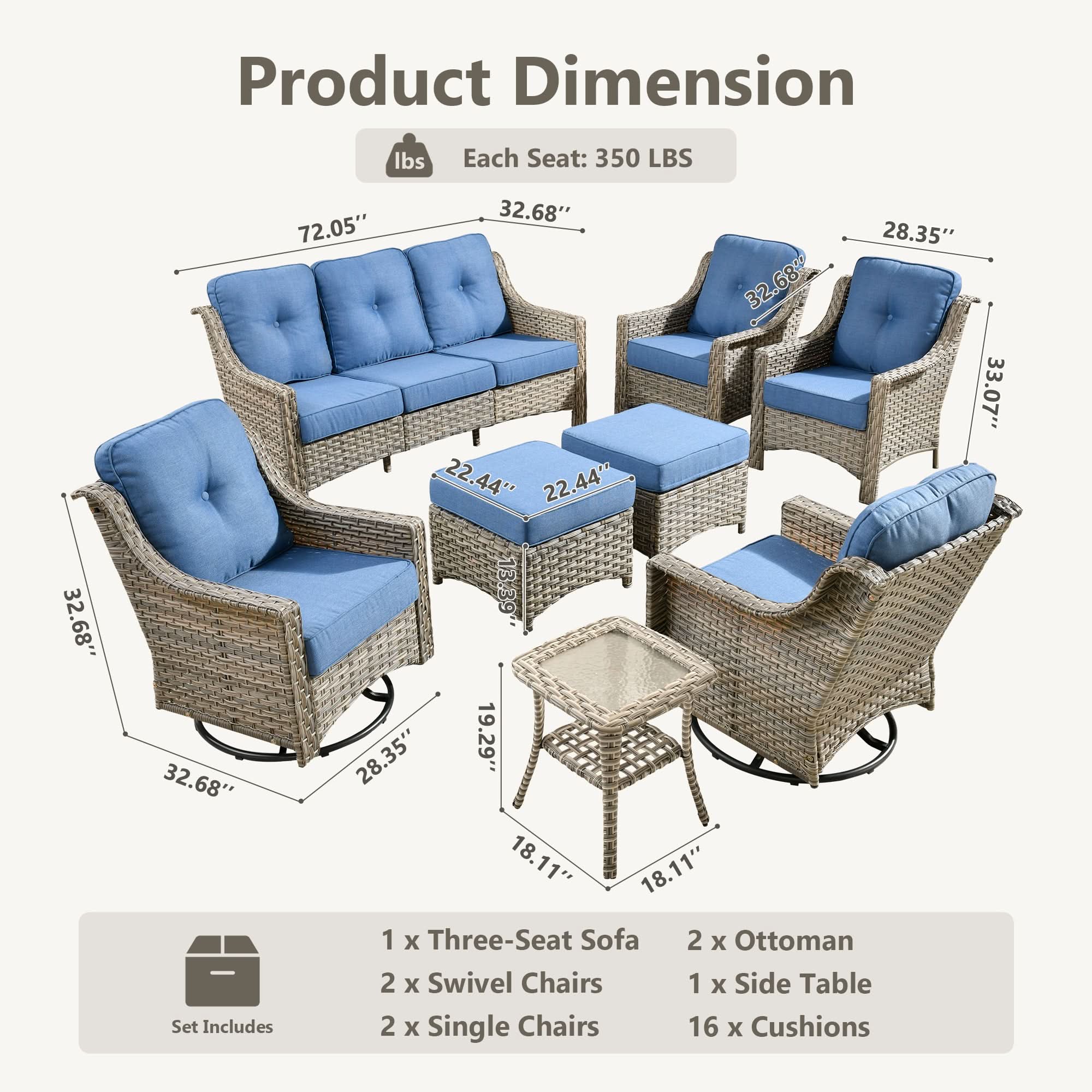 Outdoor 8 Pieces Coversation Set with Swivel Rocking Chair