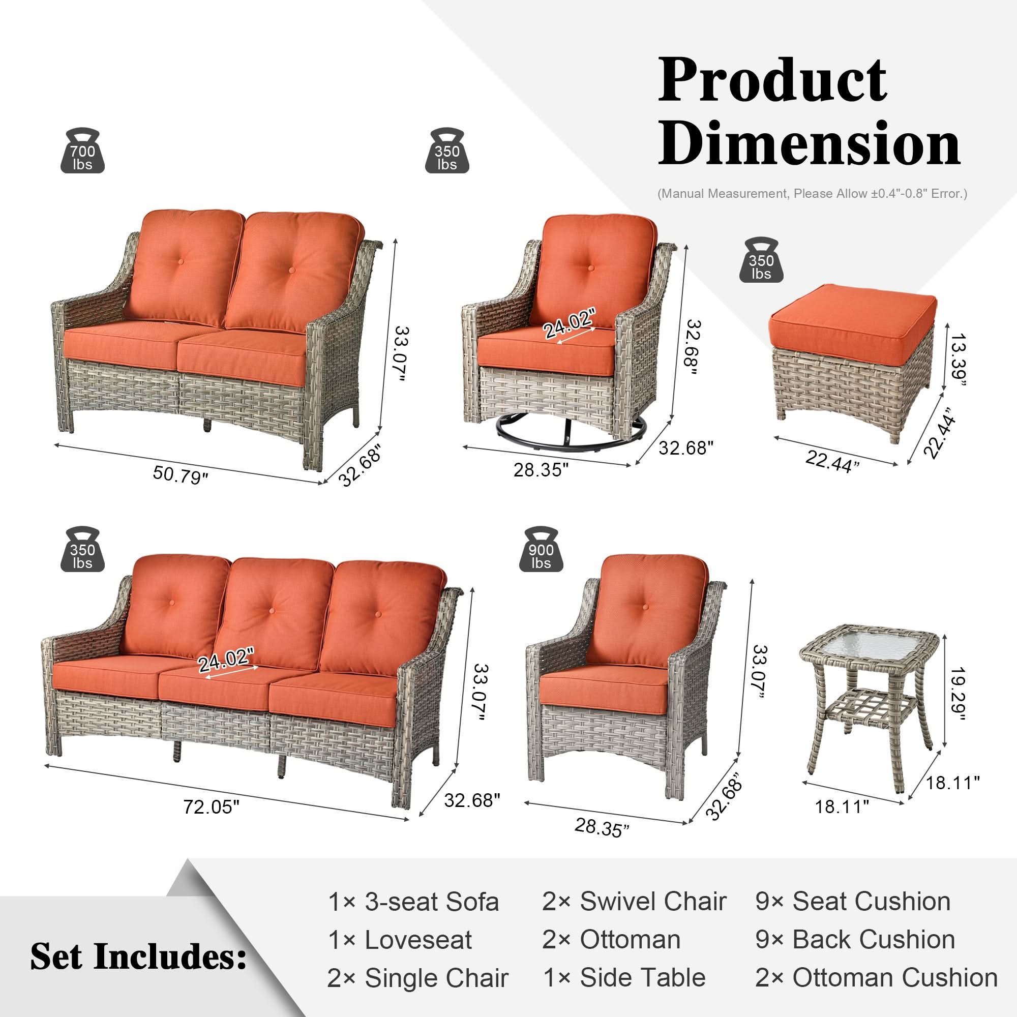 Outdoor 9 Pieces Coversation Set with Swivel Rocking Chair