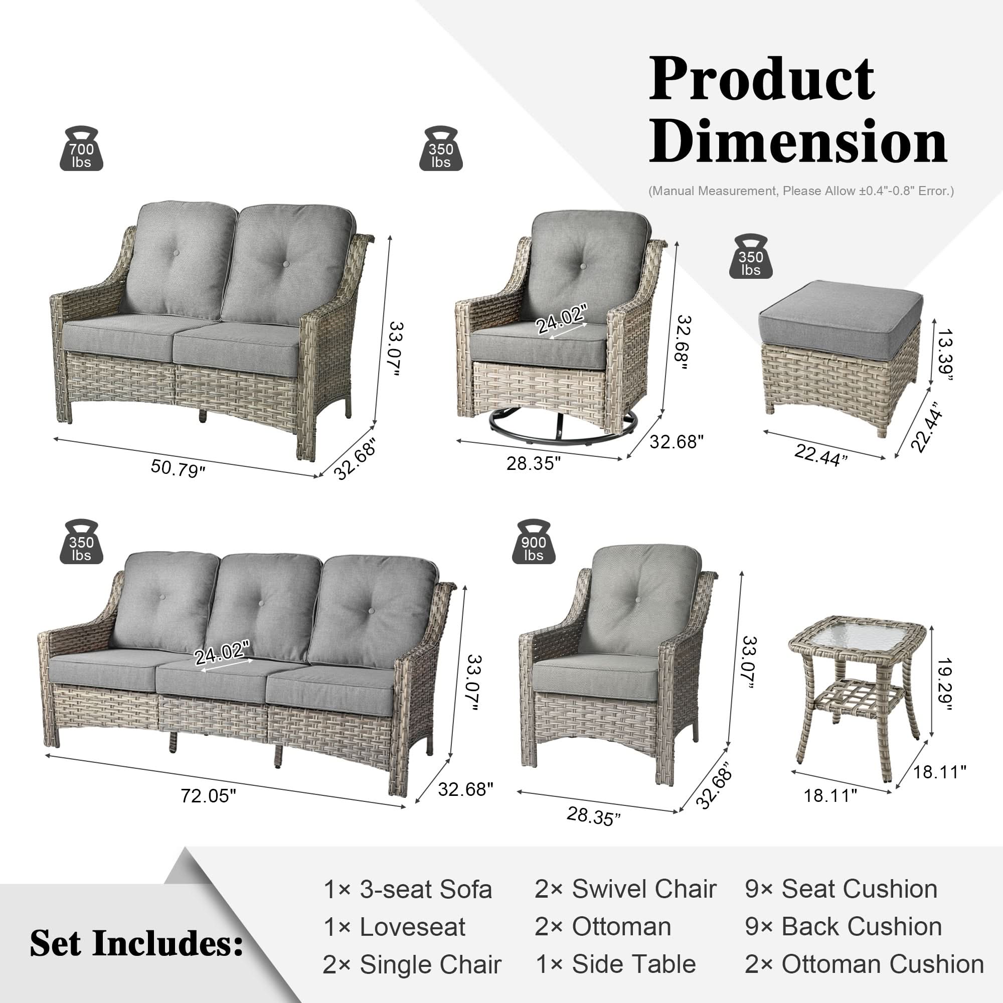 Outdoor 9 Pieces Coversation Set with Swivel Rocking Chair
