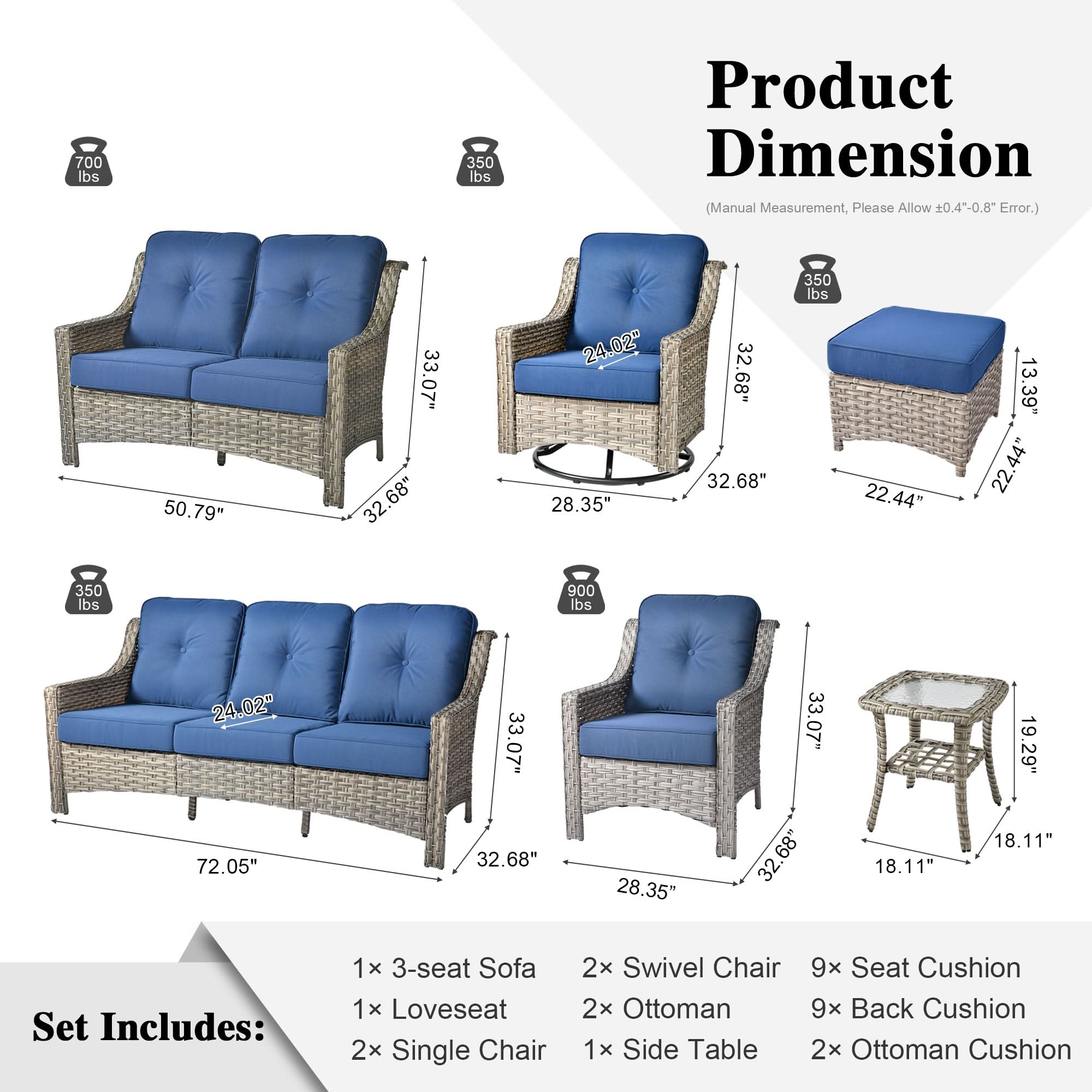 Outdoor 9 Pieces Coversation Set with Swivel Rocking Chair