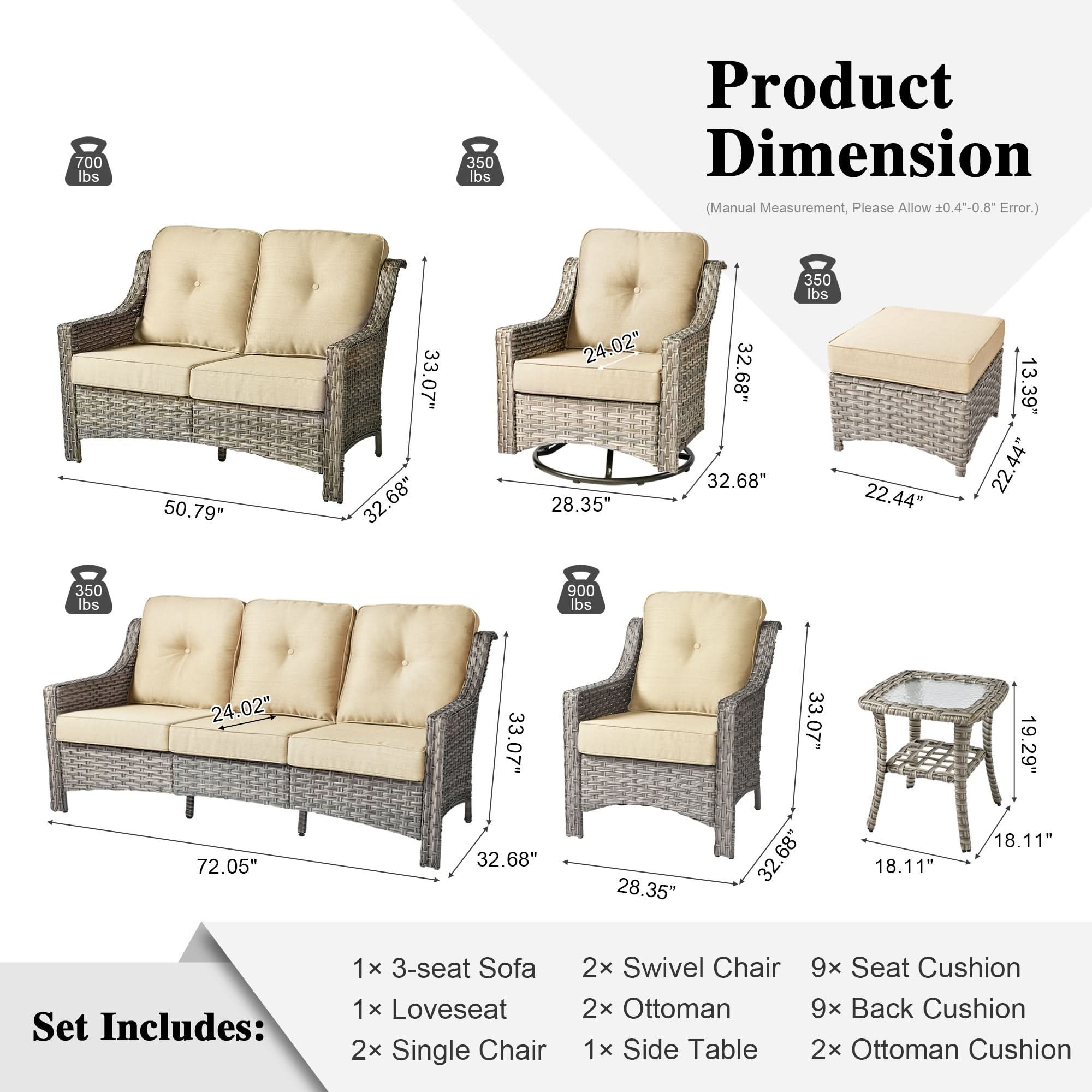 Outdoor 9 Pieces Coversation Set with Swivel Rocking Chair