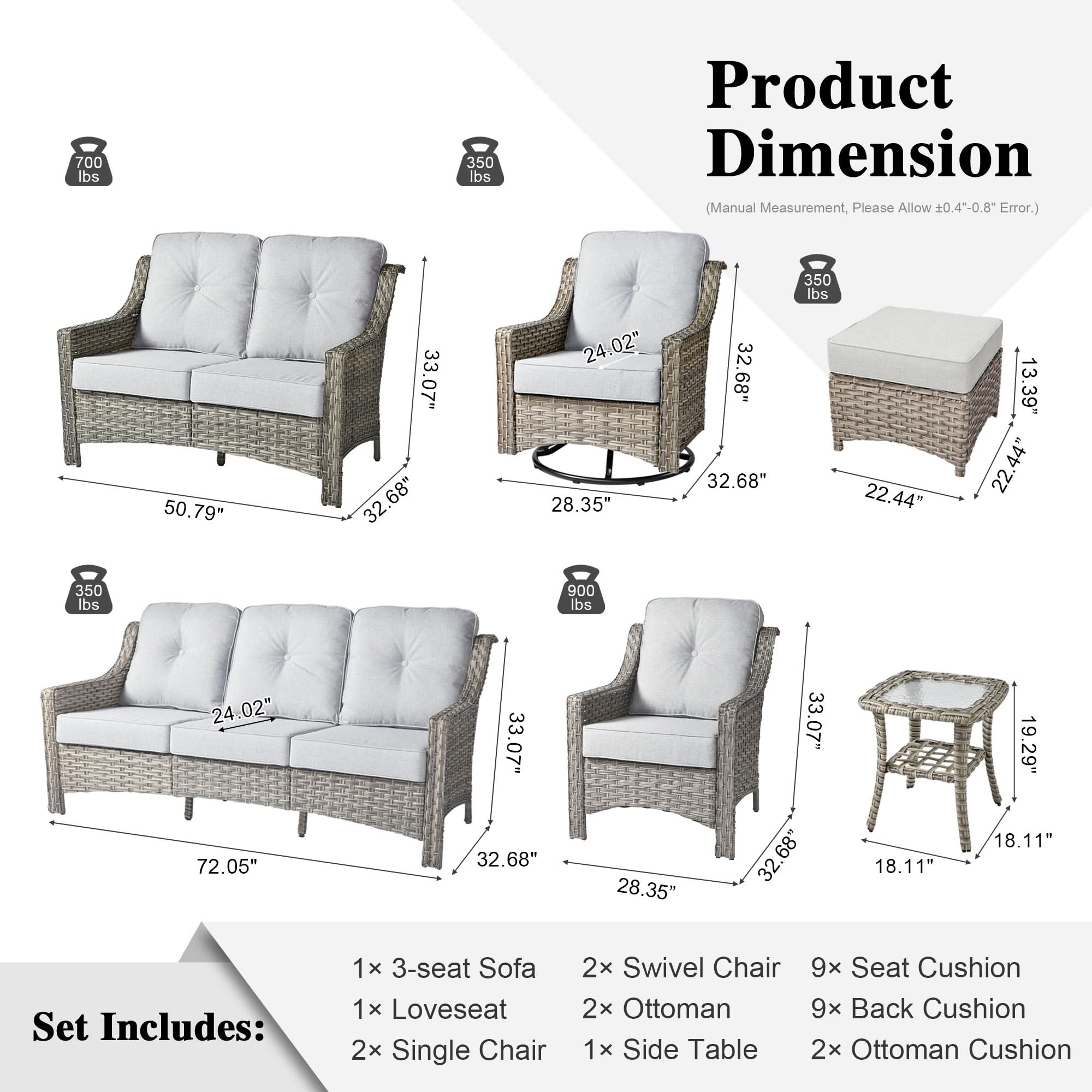 Outdoor 9 Pieces Coversation Set with Swivel Rocking Chair